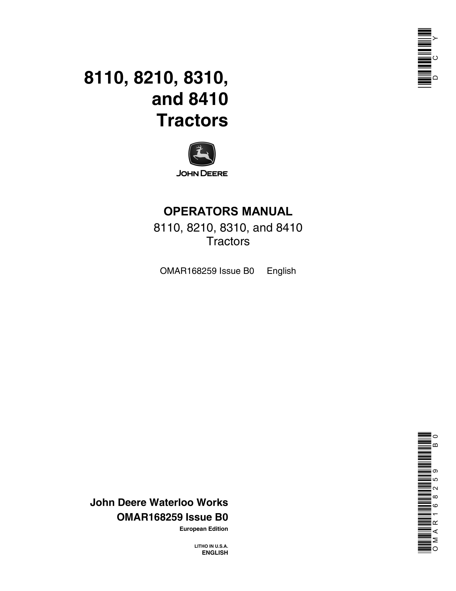 John Deere 8100, 8200, 8300 And 8400 Tractors Operator Manuals OMAR168259-1