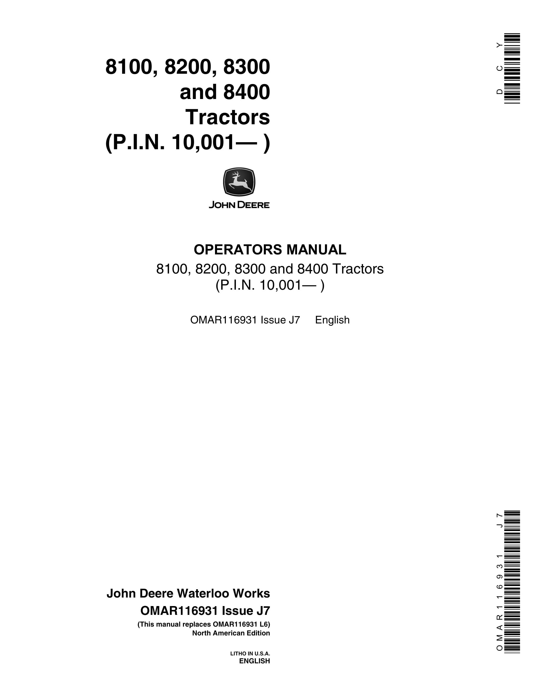 John Deere 8100, 8200, 8300 and 8400 Tractor Operator Manual OMAR116931-1
