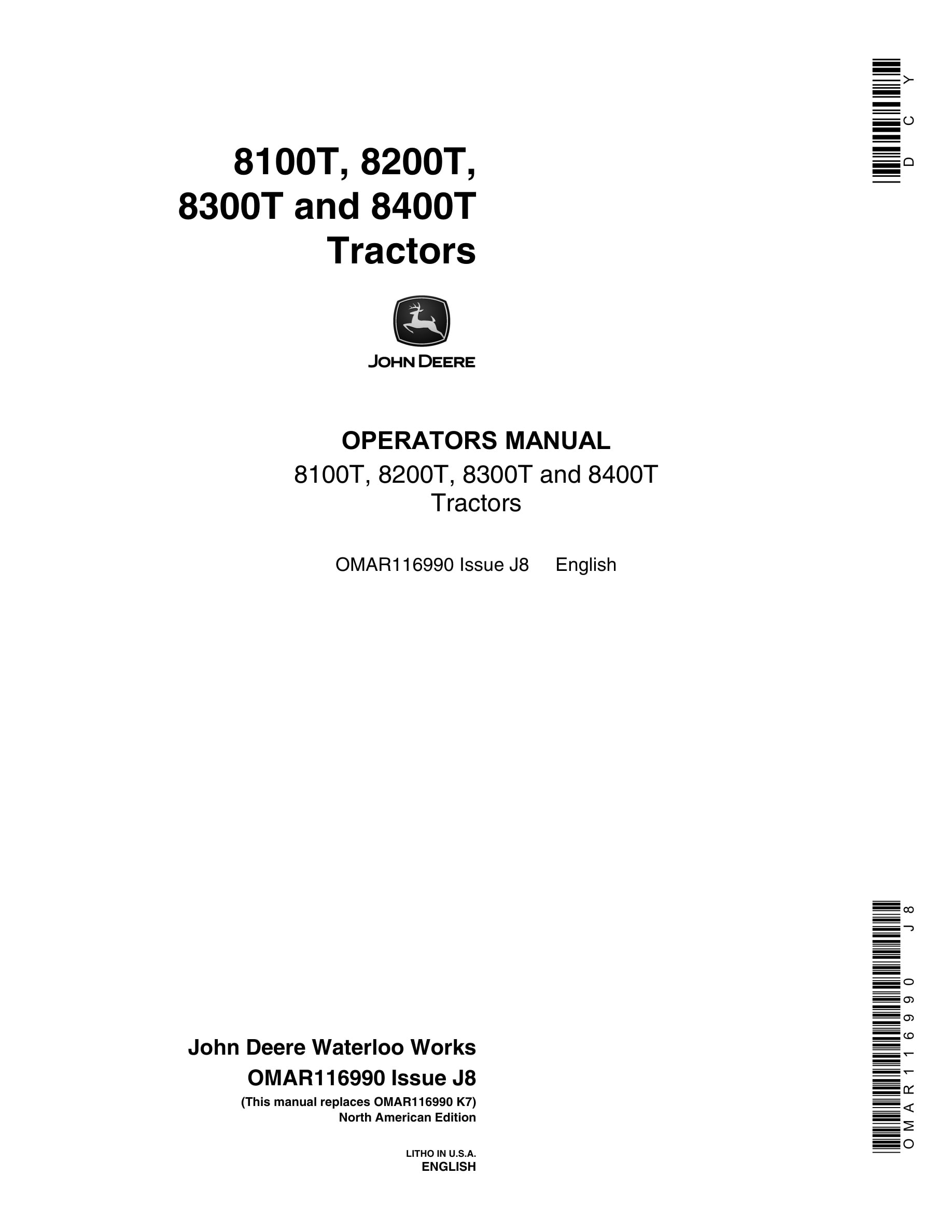 John Deere 8100T, 8200T, 8300T and 8400T Tractor Operator Manual OMAR116990-1