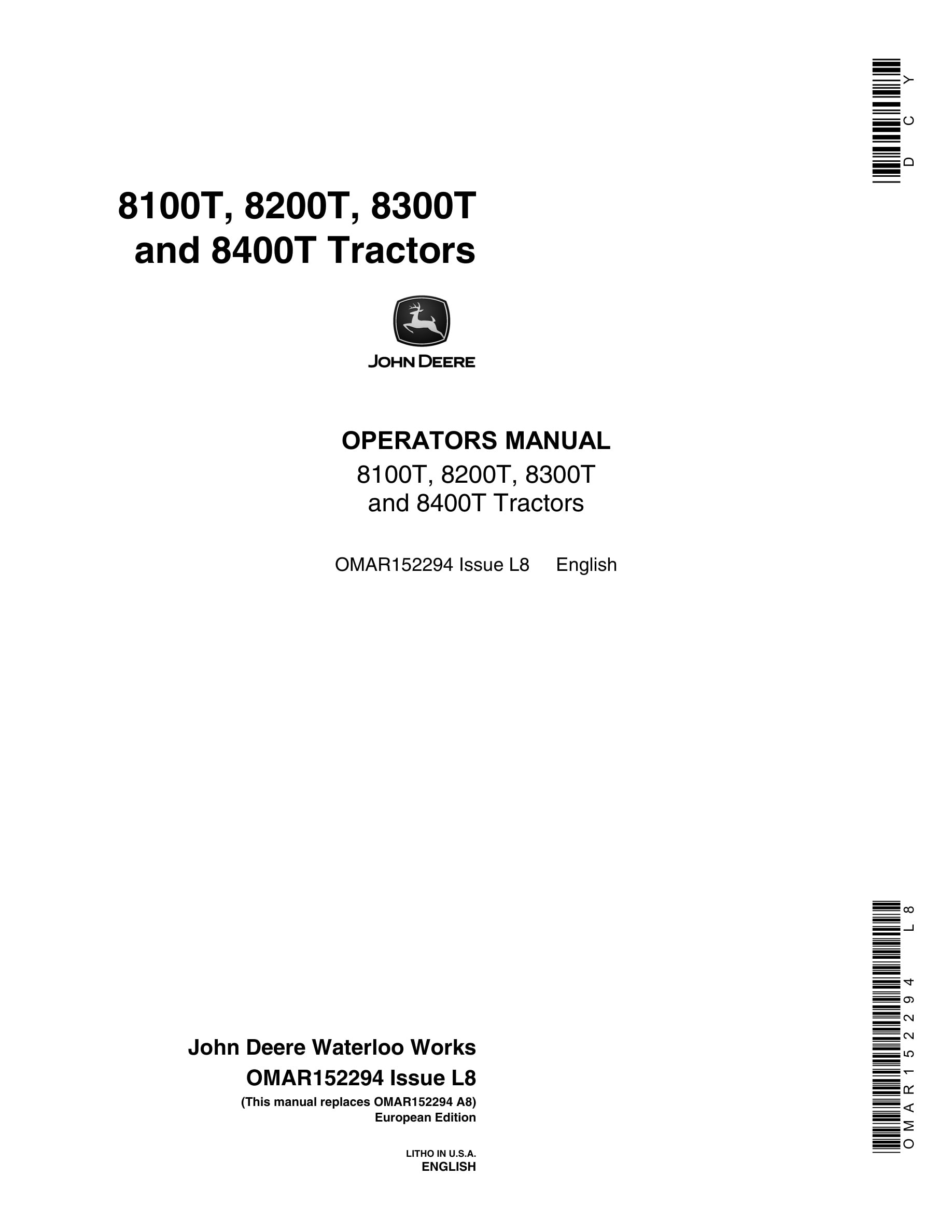 John Deere 8100t, 8200t, 8300t And 8400t Tractors Operator Manuals OMAR152294-1