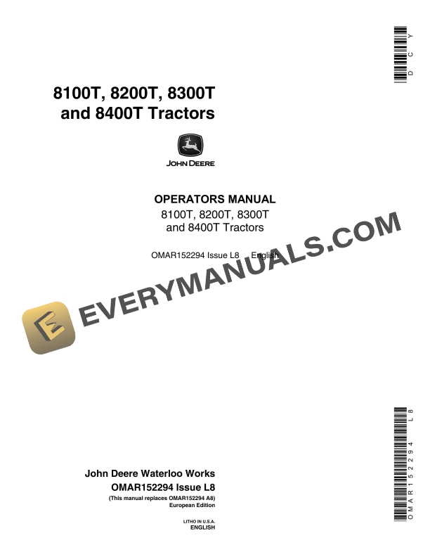 John Deere 8100T, 8200T, 8300T, 8400T Tractor Operator Manual OMAR152294