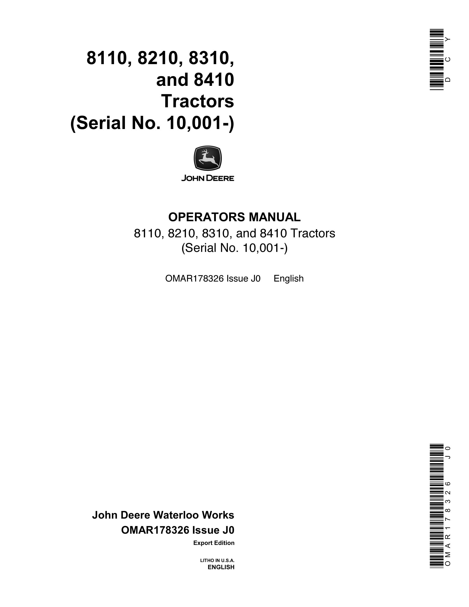 John Deere 8110 8210 8310 8410 Tractors Operator Manuals OMAR178326-1