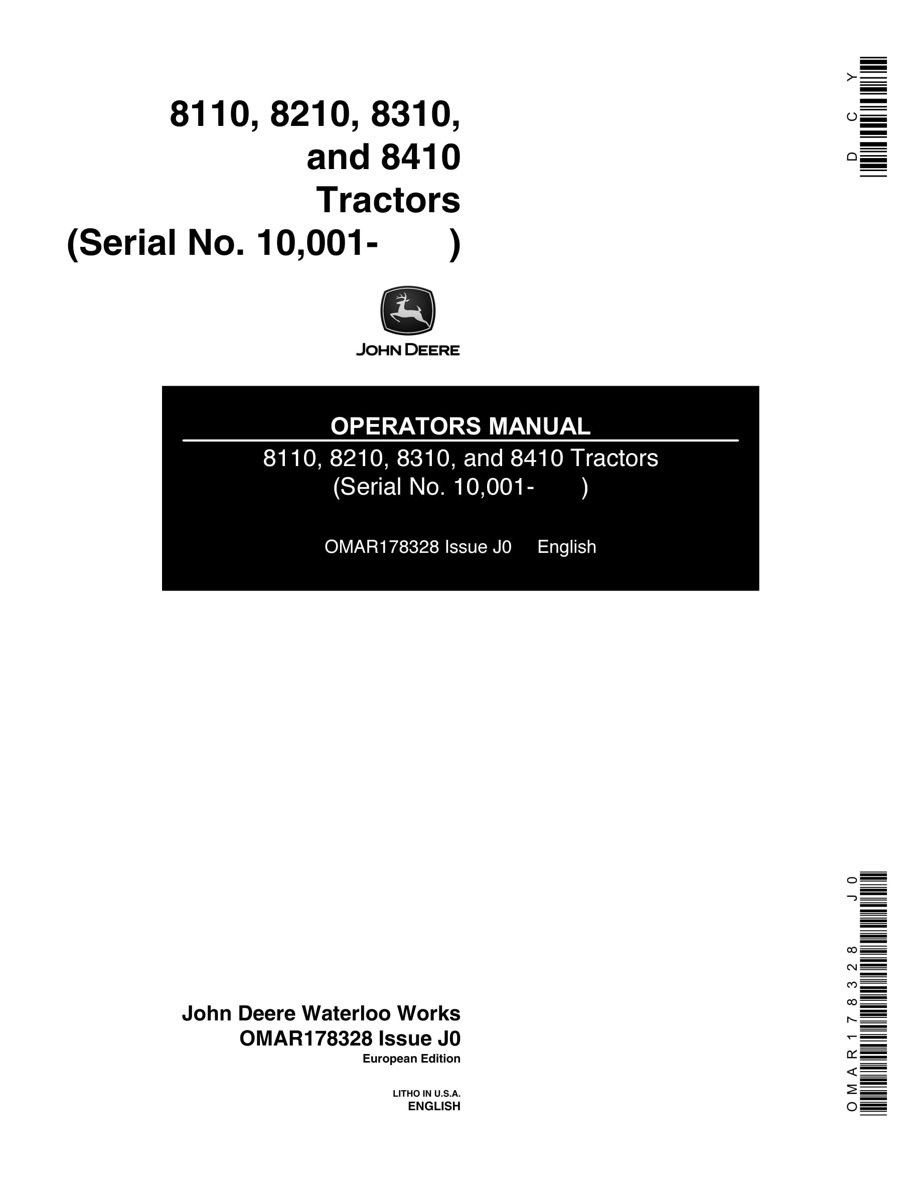 John Deere 8110 8210 8310 8410 Tractors Operator Manuals OMAR178328-1