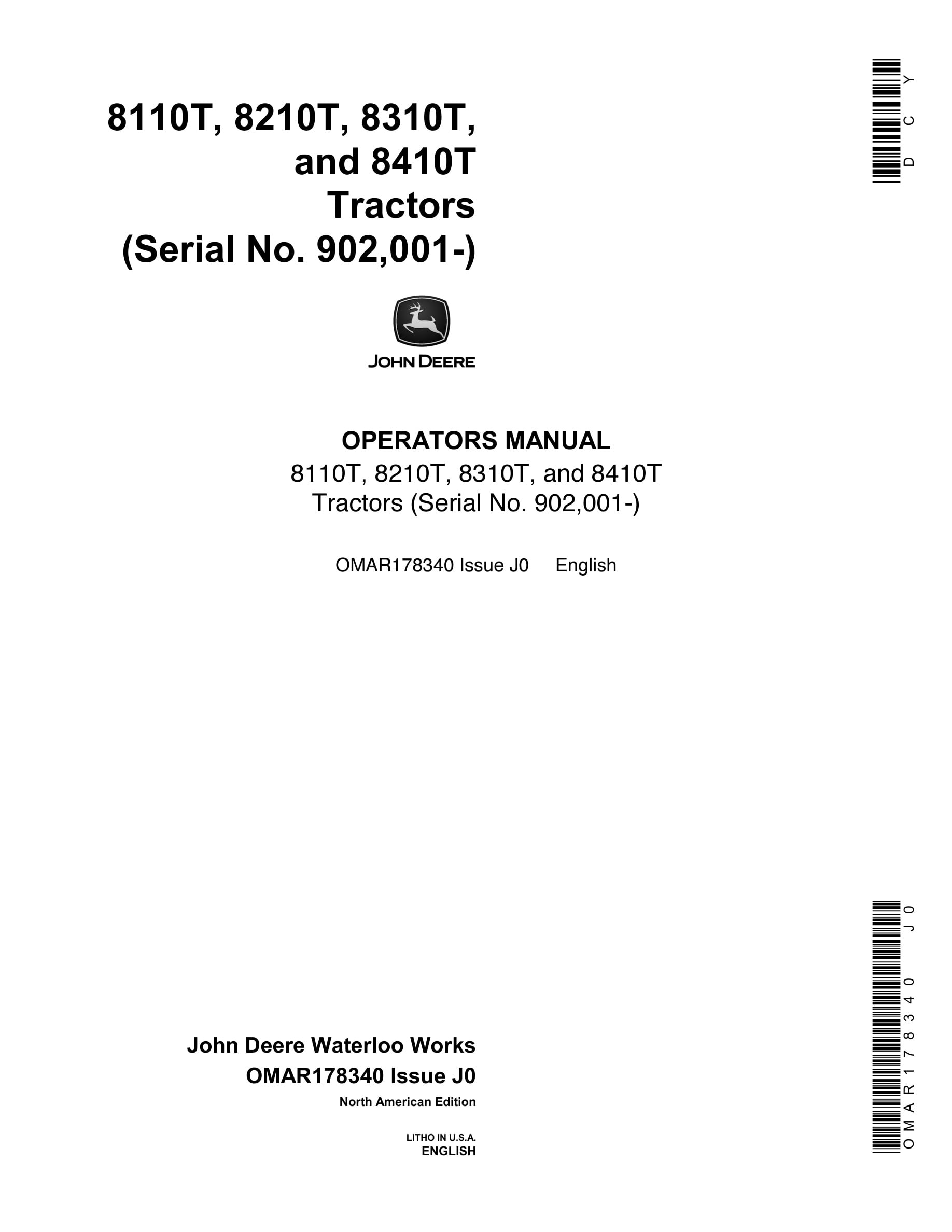 John Deere 8110T 8210T 8310T 8410T Tractor Operator Manual OMAR178340-1