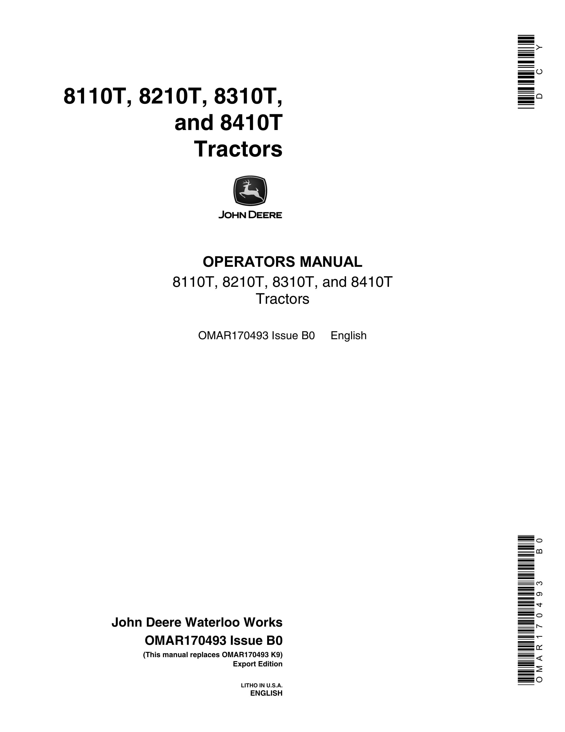 John Deere 8110t, 8210t, 8310t, And 8410t Tractors Operator Manuals OMAR170493-1