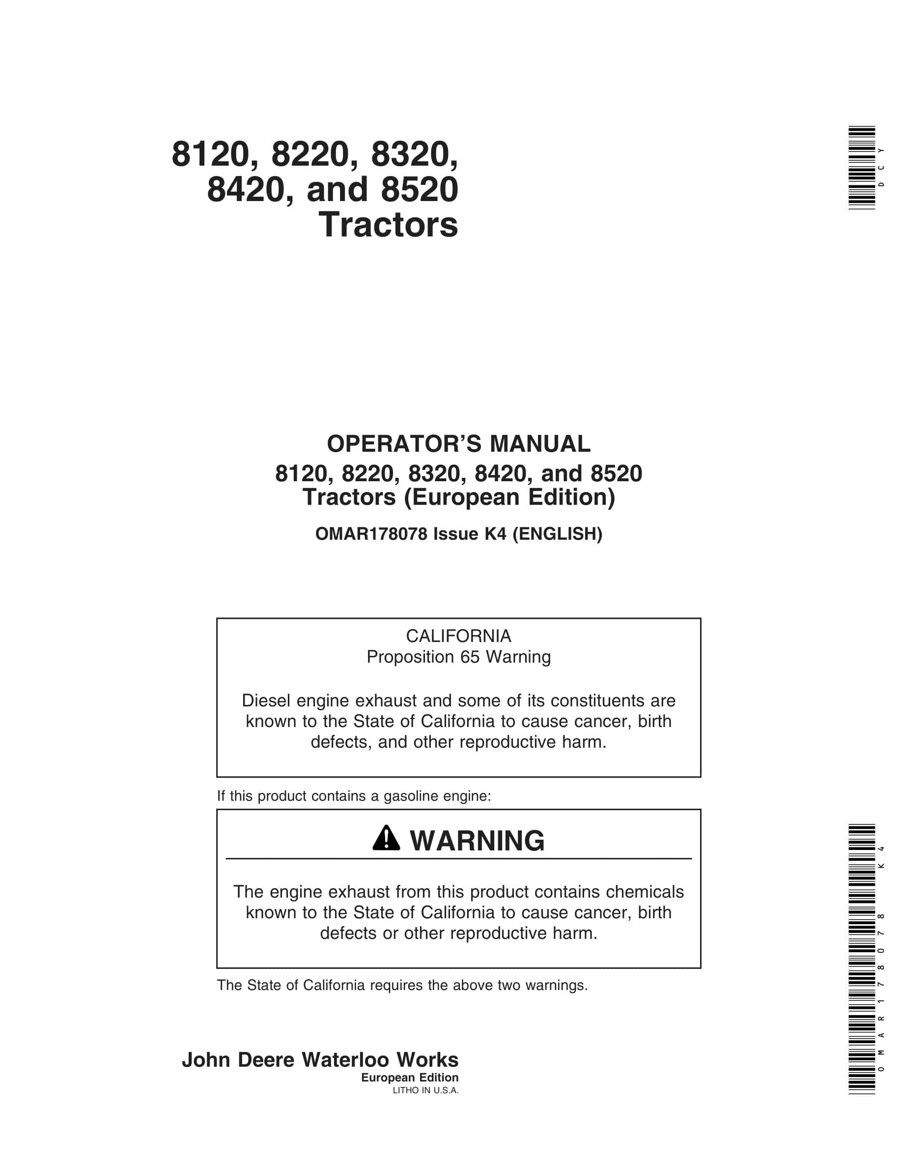 John Deere 8120, 8220, 8320, 8420, And 8520 Tractors Operator Manuals OMAR178078-1