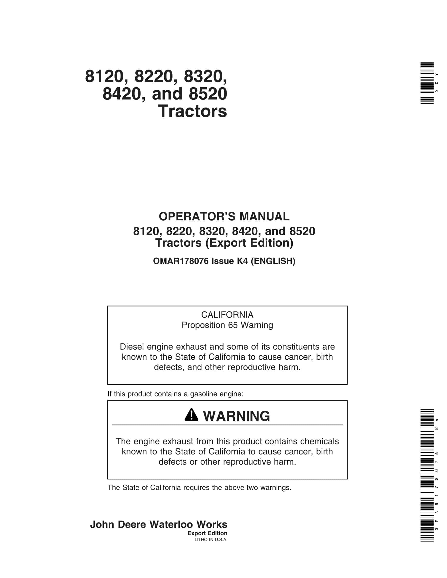 John Deere 8120, 8220, 8320, 8420, And 8520 Tractrors Operator Manual OMAR17807-1