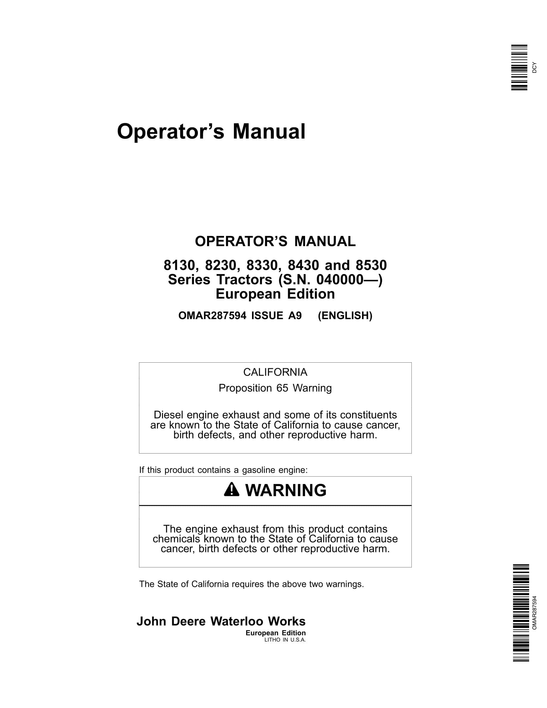 John Deere 8130, 8230, 8330, 8430 And 8530 Series Tractors Operator Manuals OMAR287594-1