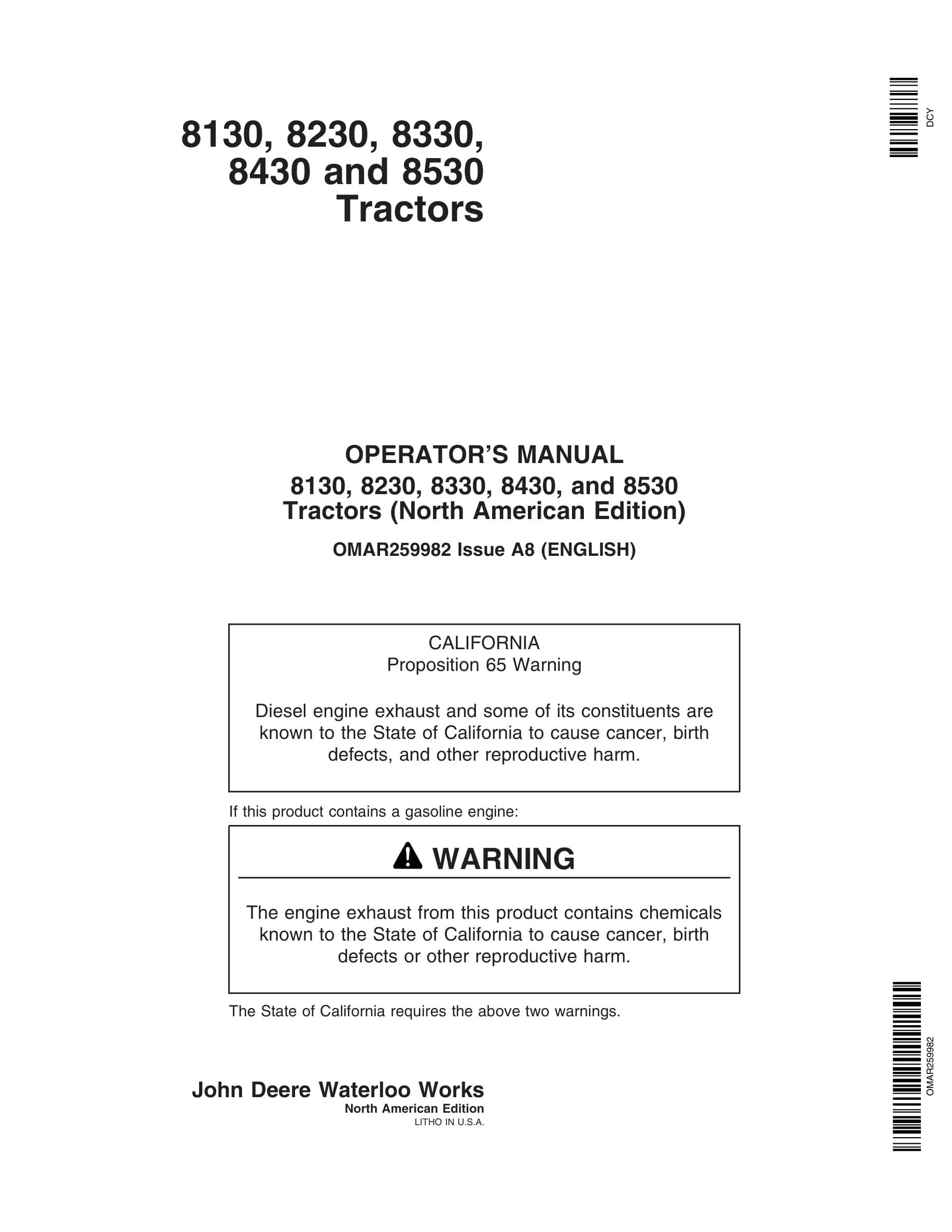 John Deere 8130, 8230, 8330, 8430, and 8530 Tractor Operator Manual OMAR259982-1