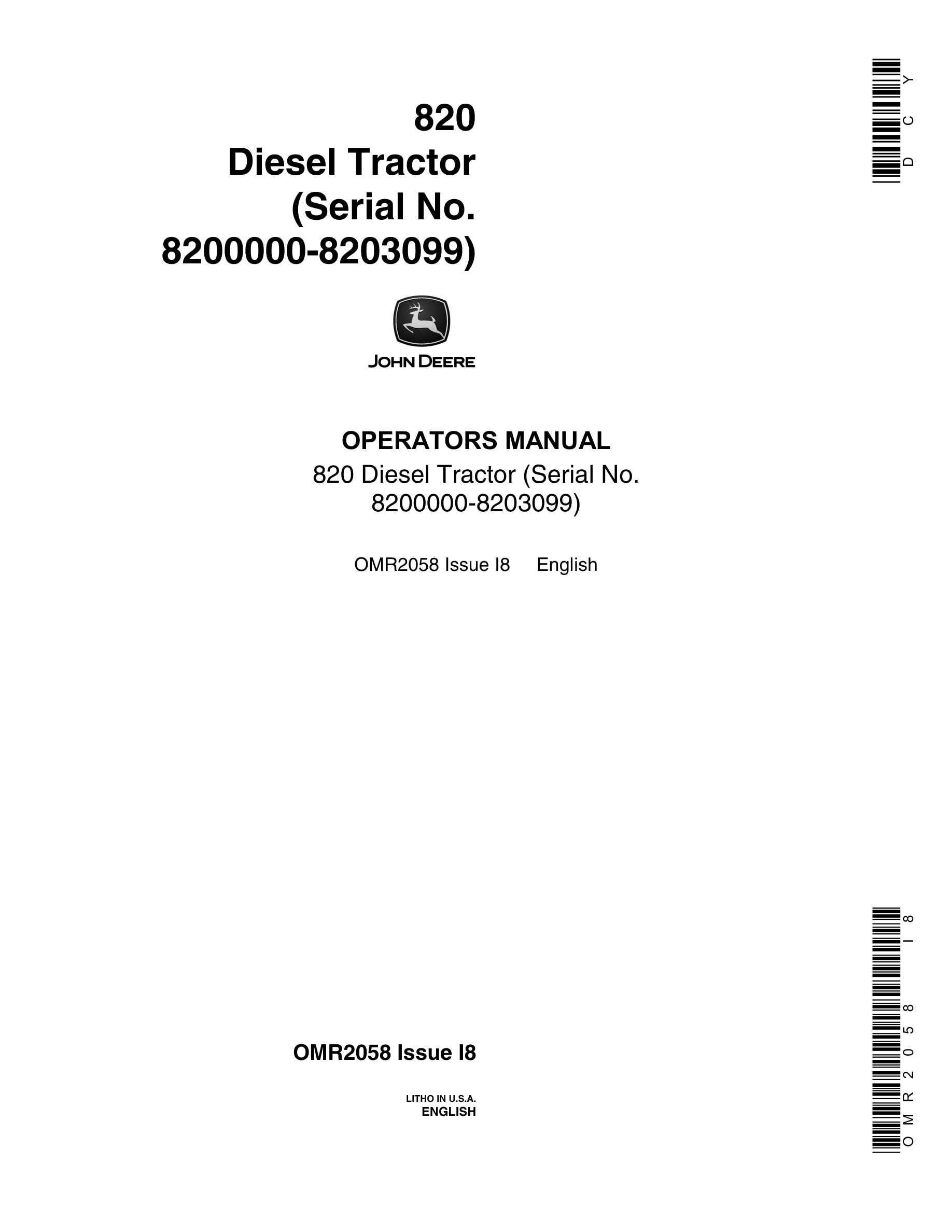 John Deere 820 Tractor Operator Manual OMR2058-1