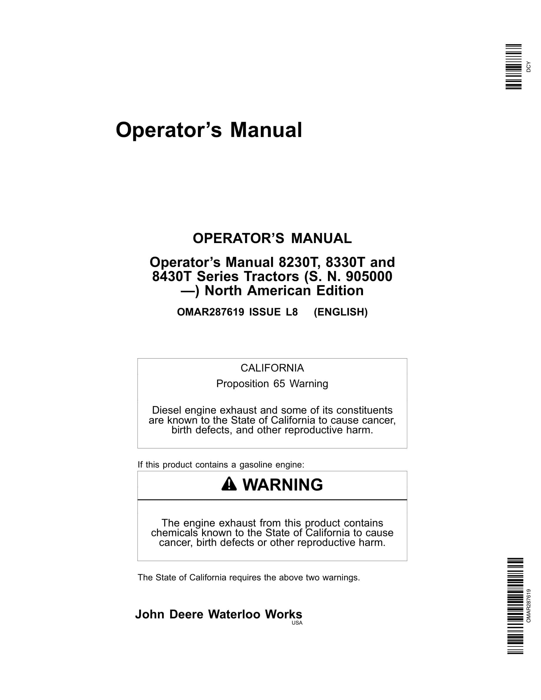 John Deere 8230T 8330T 8430T Tractor Operator Manual OMAR287619-1