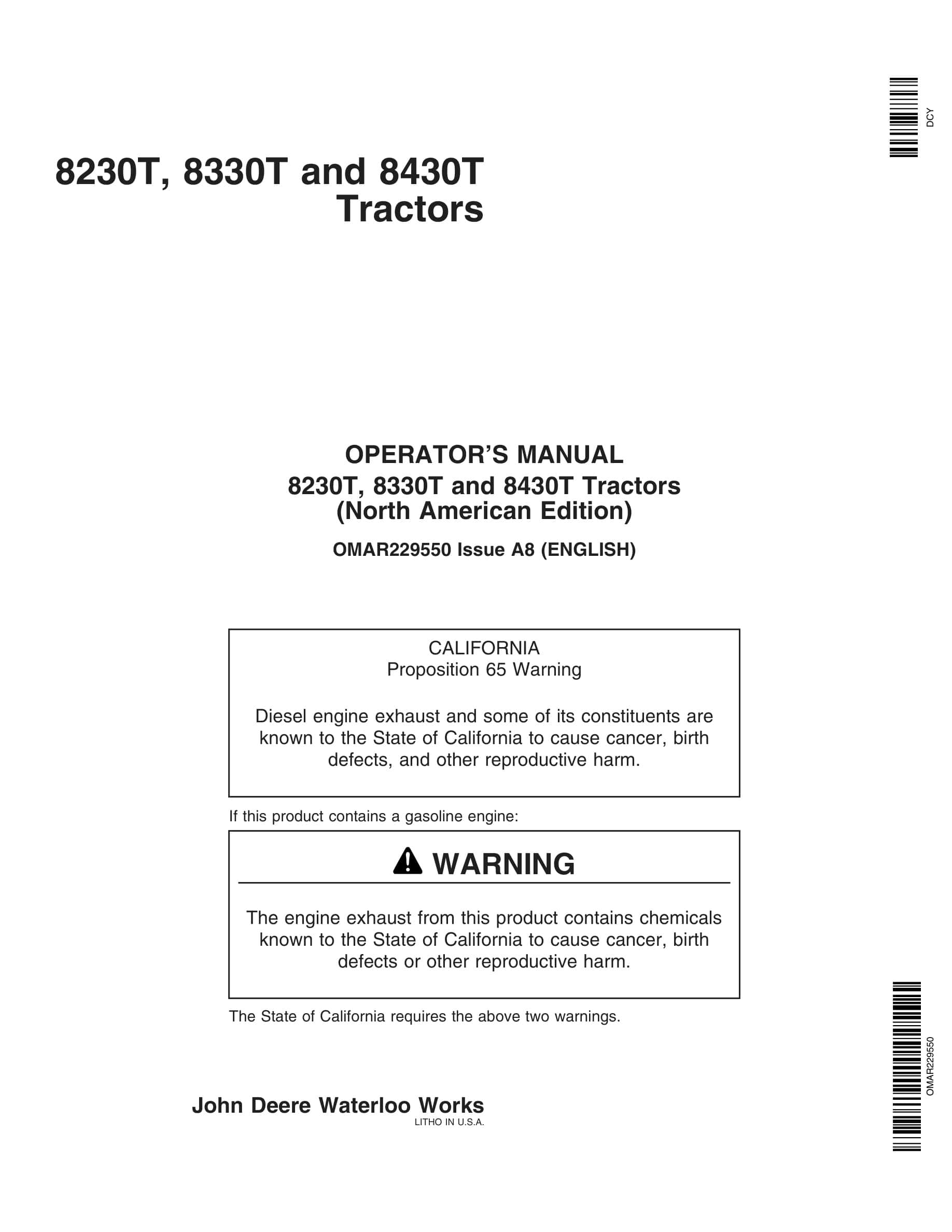 John Deere 8230T, 8330T and 8430T Tractor Operator Manual OMAR229550-1