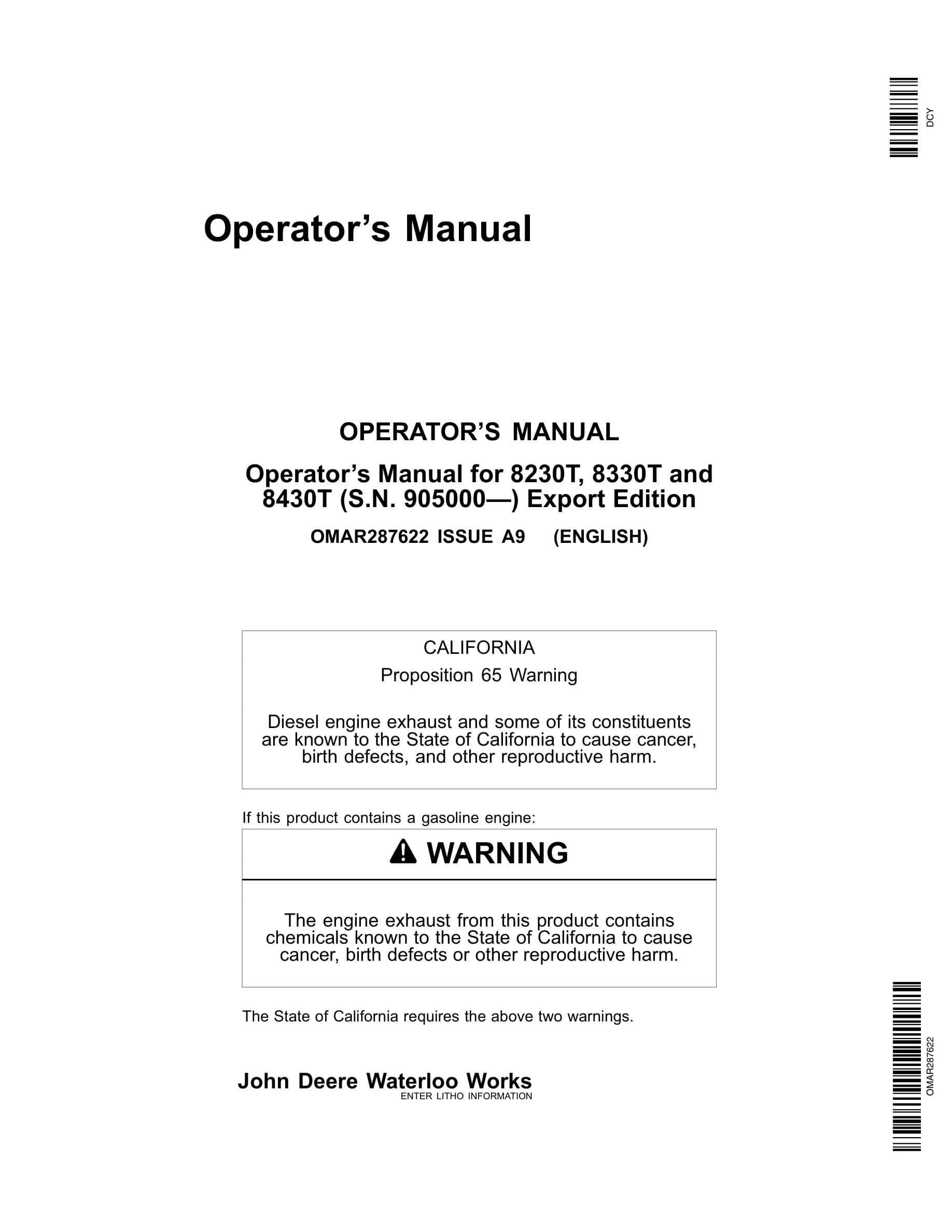 John Deere 8230t 8330t 8430t Tractors Operator Manuals OMAR287622-1