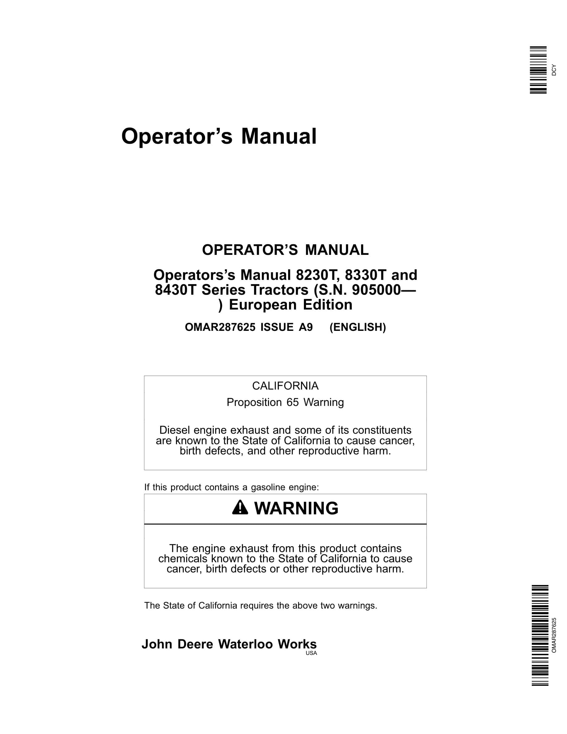 John Deere 8230t 8330t 8430t Tractors Operator Manuals OMAR287625-1