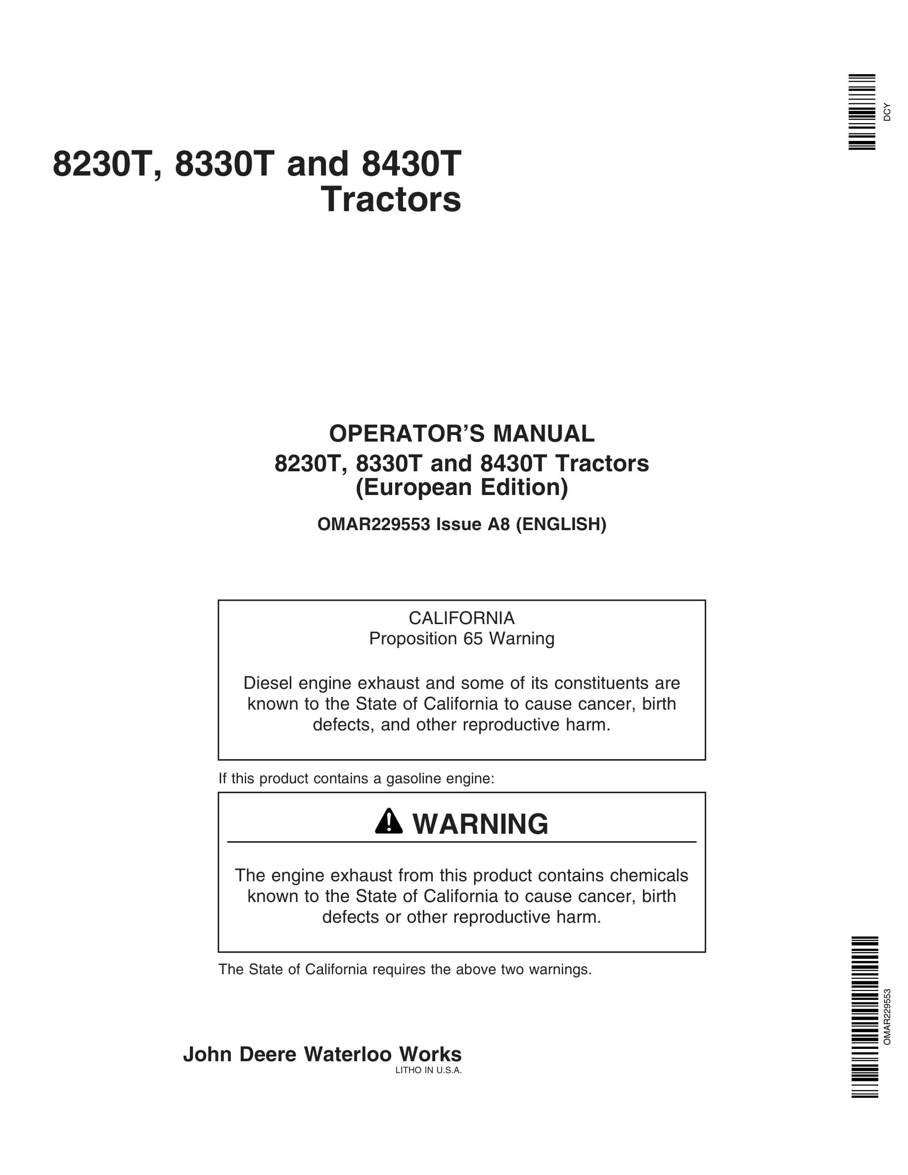 John Deere 8230t, 8330t And 8430t Tractors Operator Manuals OMAR229553-1