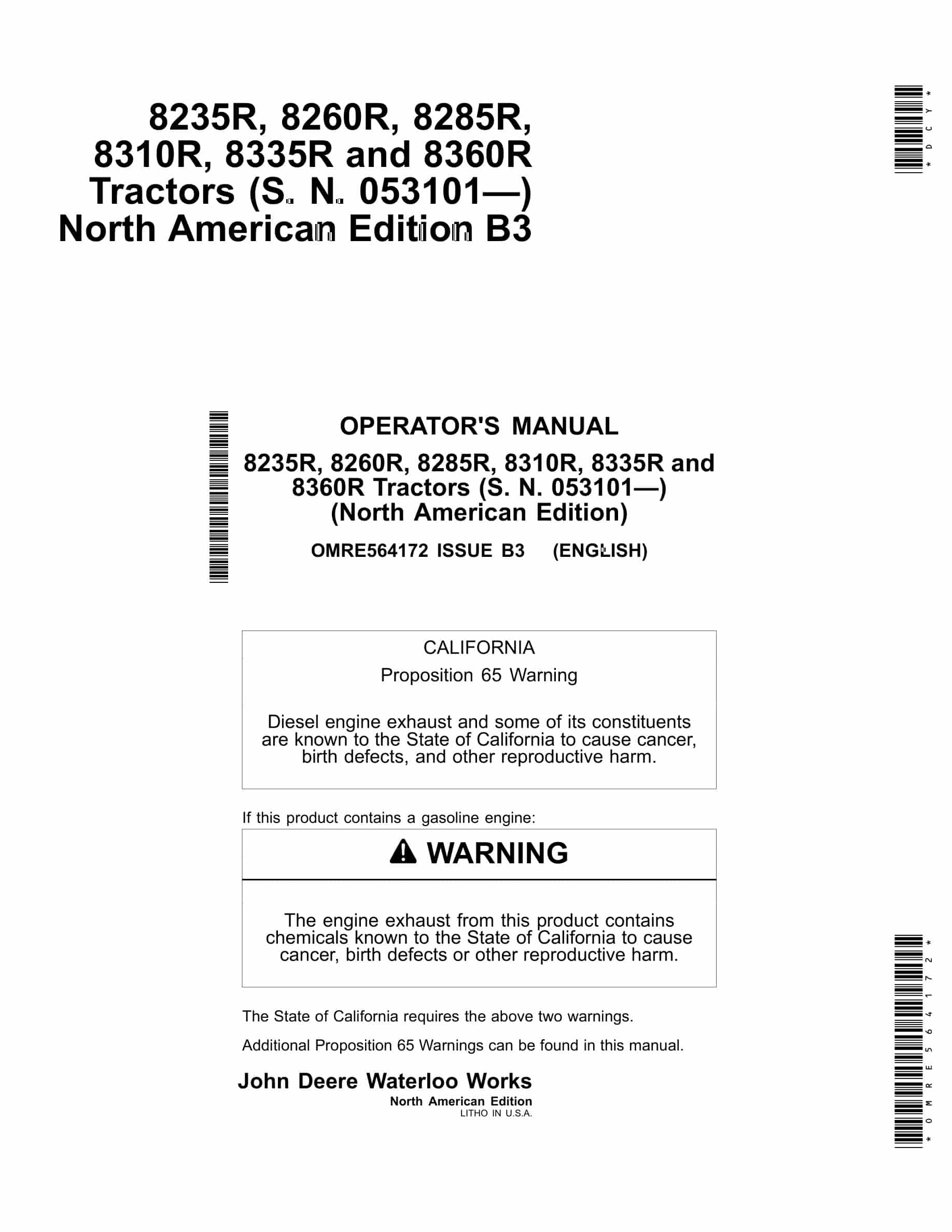 John Deere 8235R, 8260R, 8285R, 8310R, 8335R and 8360R Tractor Operator Manual OMRE564172-1