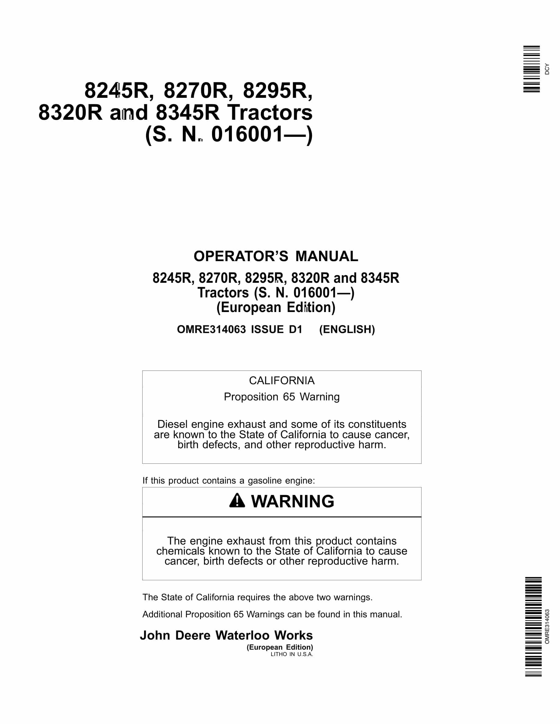 John Deere 8245r, 8270r, 8295r, 8320r And 8345r Tractors Operator Manuals OMRE314063-1