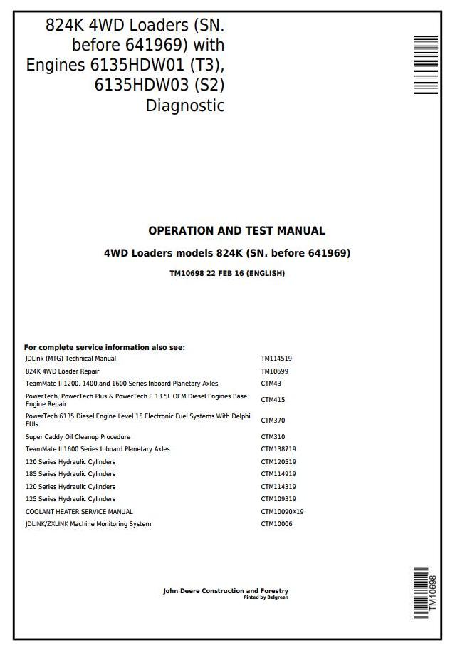 John Deere 824K 4WD Loader Diagnostic Operation Test Manual TM10698