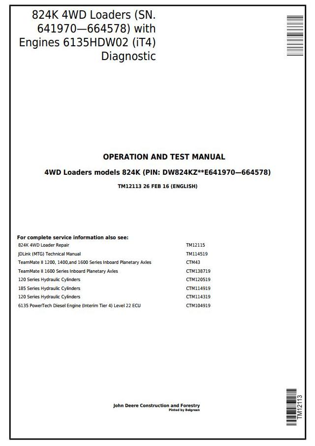 John Deere 824K 4WD Loader Diagnostic Operation Test Manual TM12113