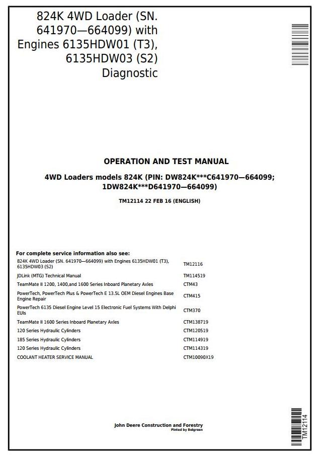 John Deere 824K 4WD Loader Diagnostic Operation Test Manual TM12114