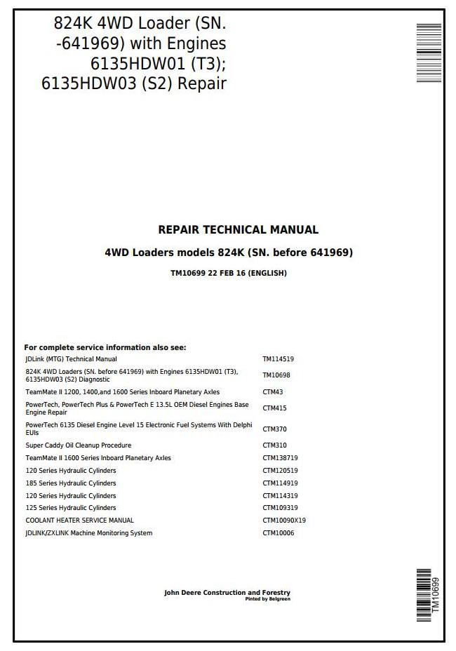 John Deere 824K 4WD Loader Repair Technical Manual TM10699