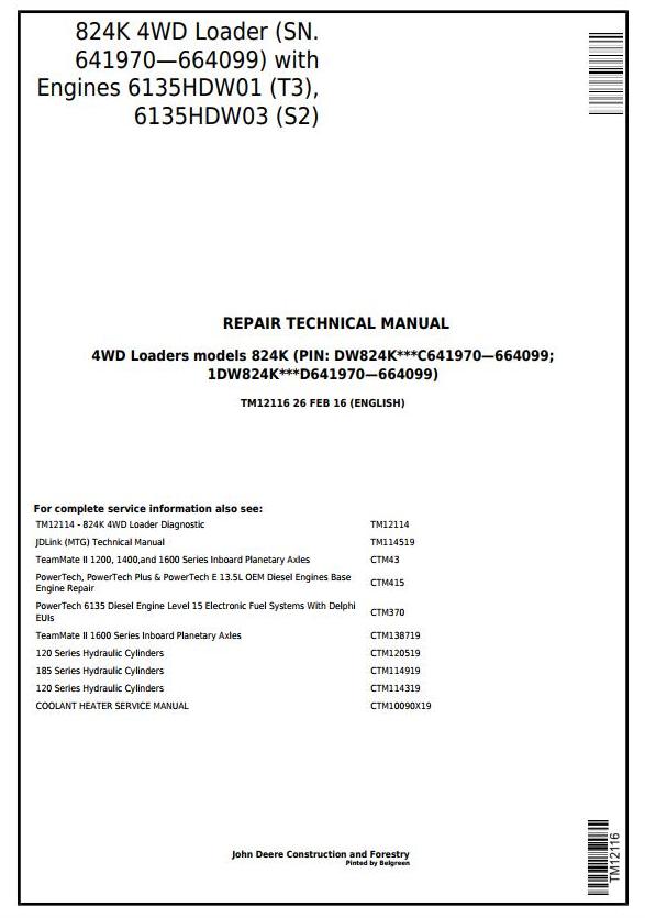 John Deere 824K 4WD Loader Repair Technical Manual TM12116