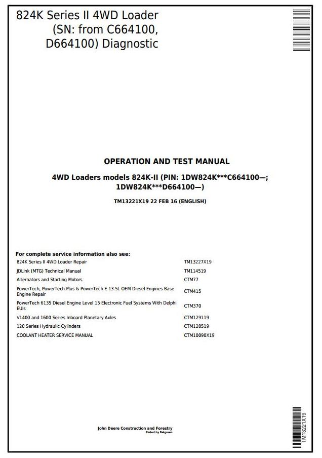 John Deere 824K Series II 4WD Loader Diagnostic Operation Test Manual TM13221X19