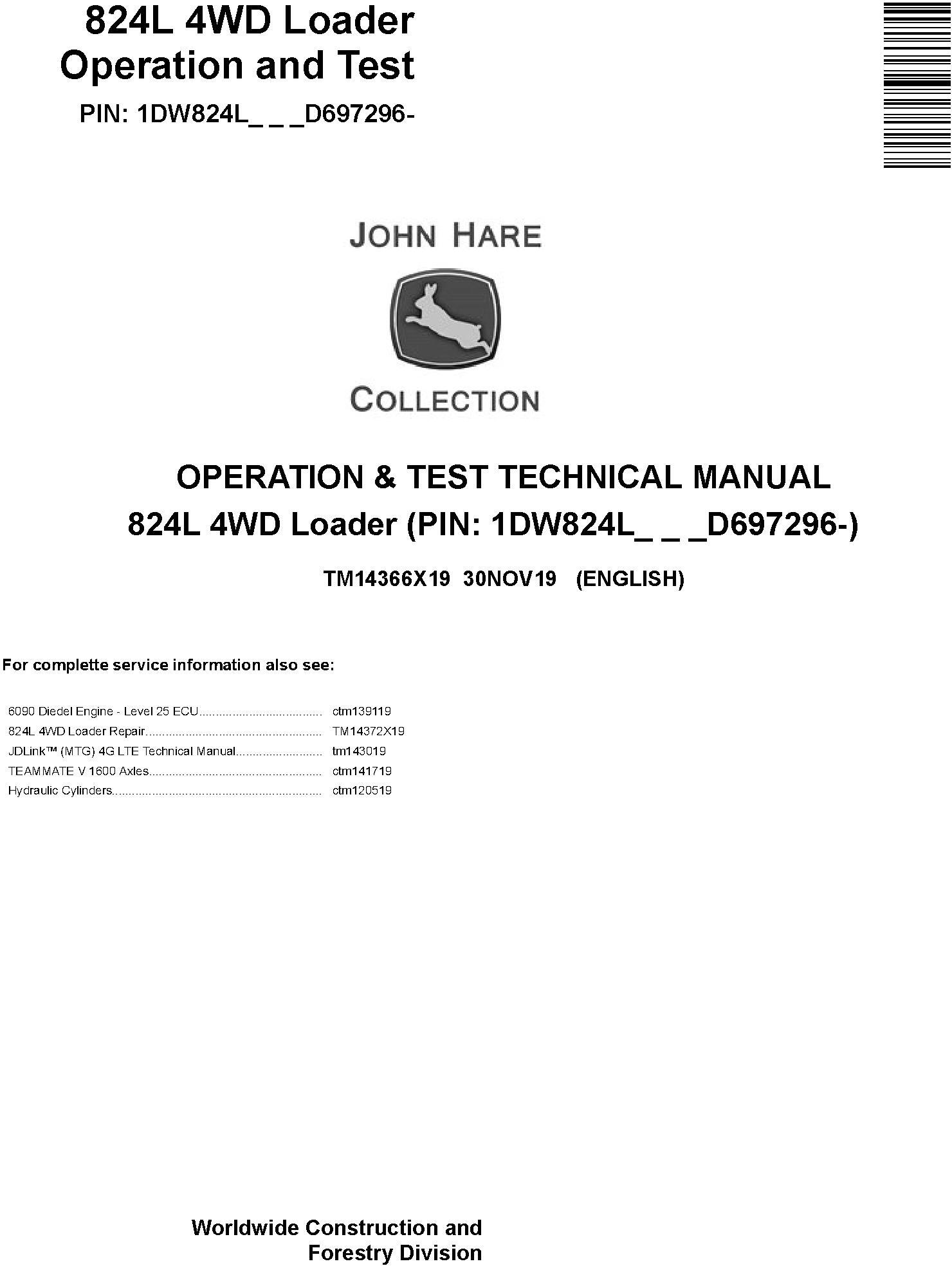 John Deere 824L 4WD Loader Operation Test Technical Manual TM14366X19