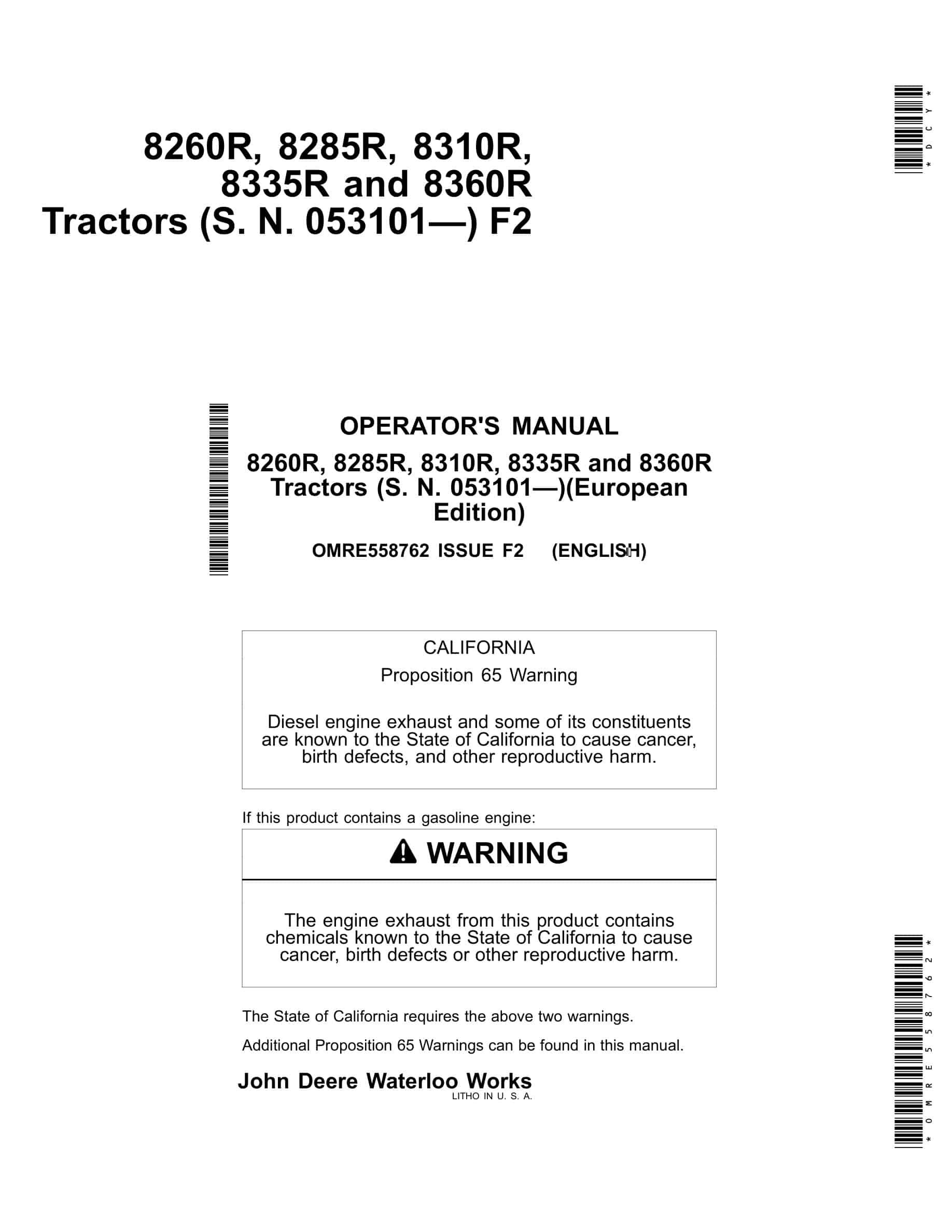 John Deere 8260r, 8285r, 8310r, 8335r And 8360r Tractors Operator Manuals OMRE558762-1