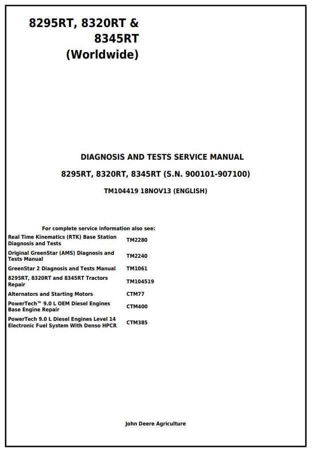 John Deere 8295RT 8320RT 8345RT Worldwide Tractor Diagnosis Test Service Manual TM104419