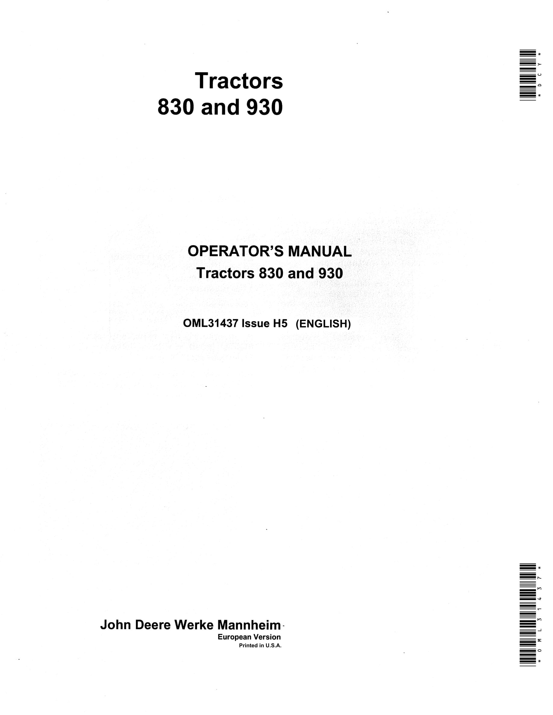 John Deere 830 930 Tractors Operator Manuals OML31437-1