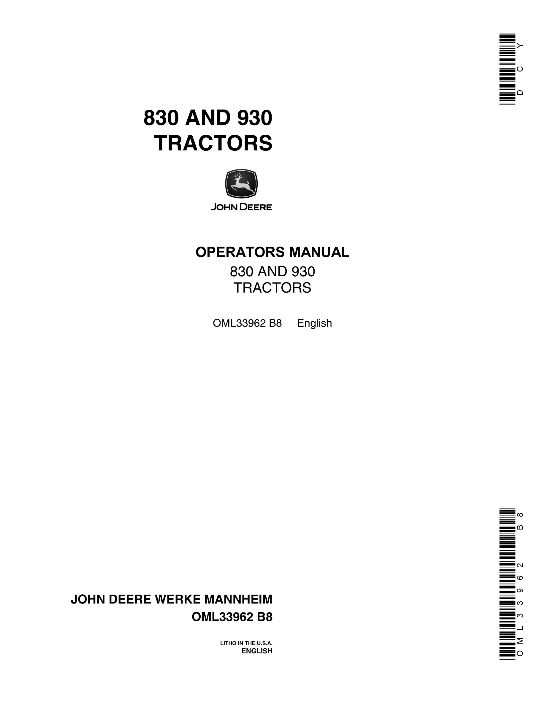 John Deere 830 And 930 Tractors Operator Manuals OML33962-1