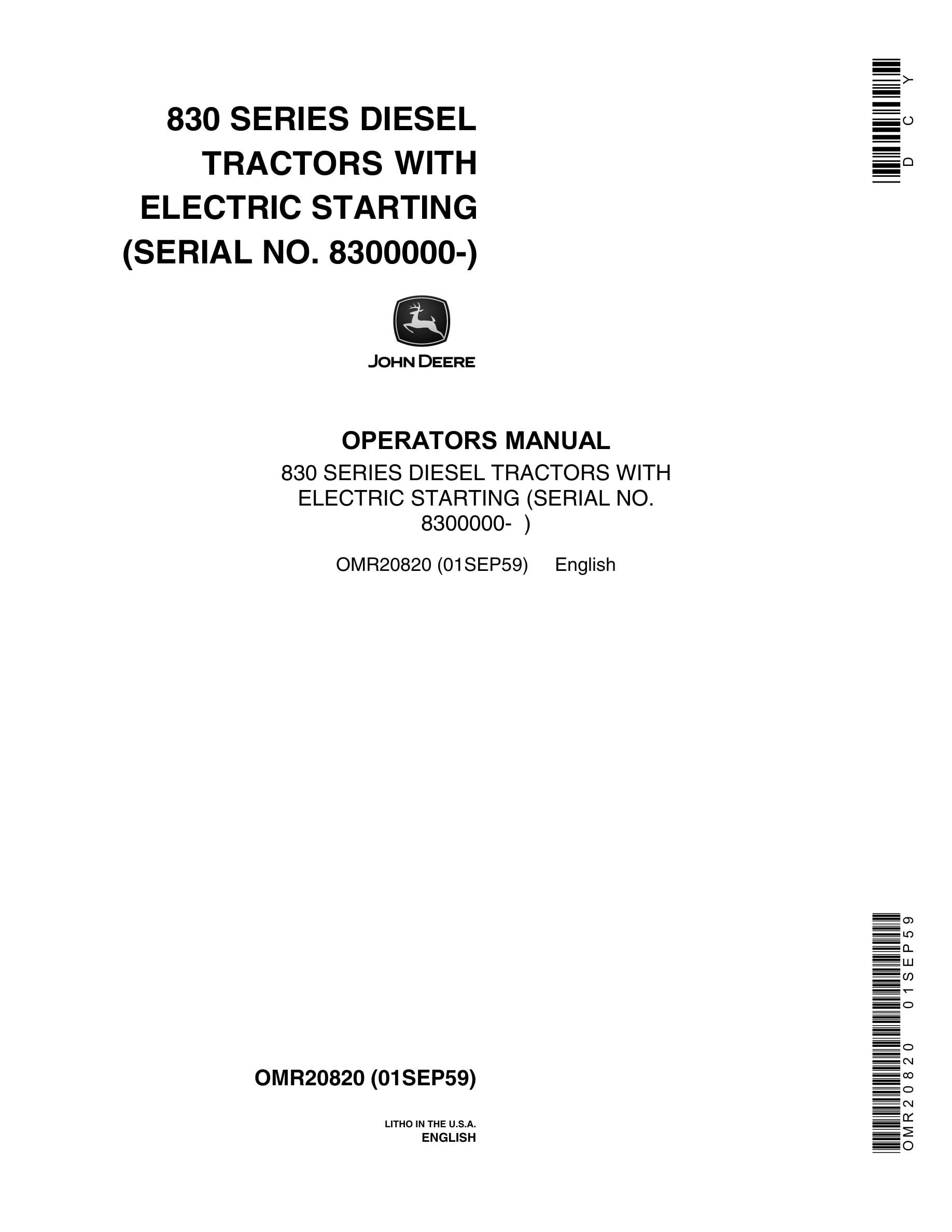 John Deere 830 SERIES Tractor Operator Manual OMR20820-1