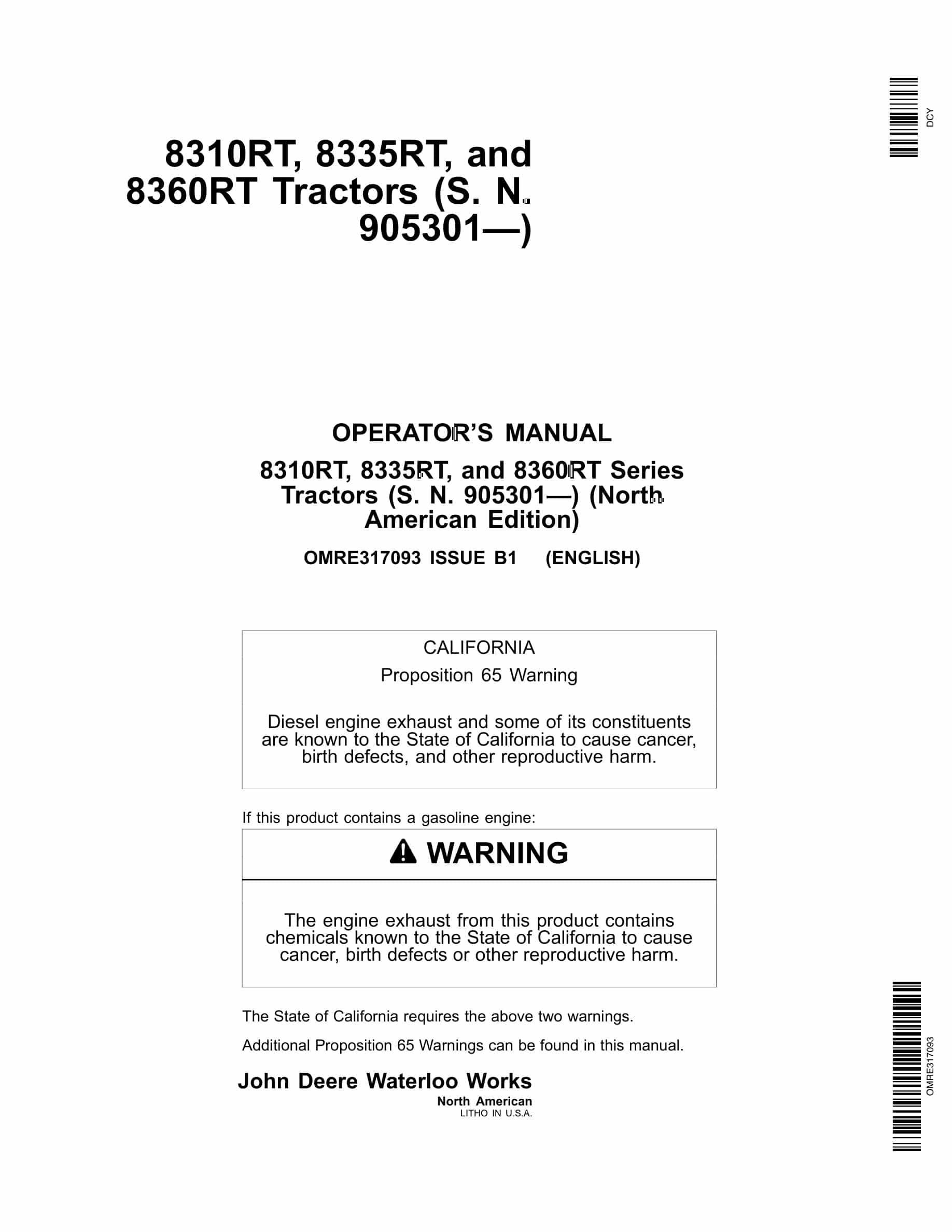 John Deere 8310RT, 8335RT, and 8360RT Tractor Operator Manual OMRE317093-1