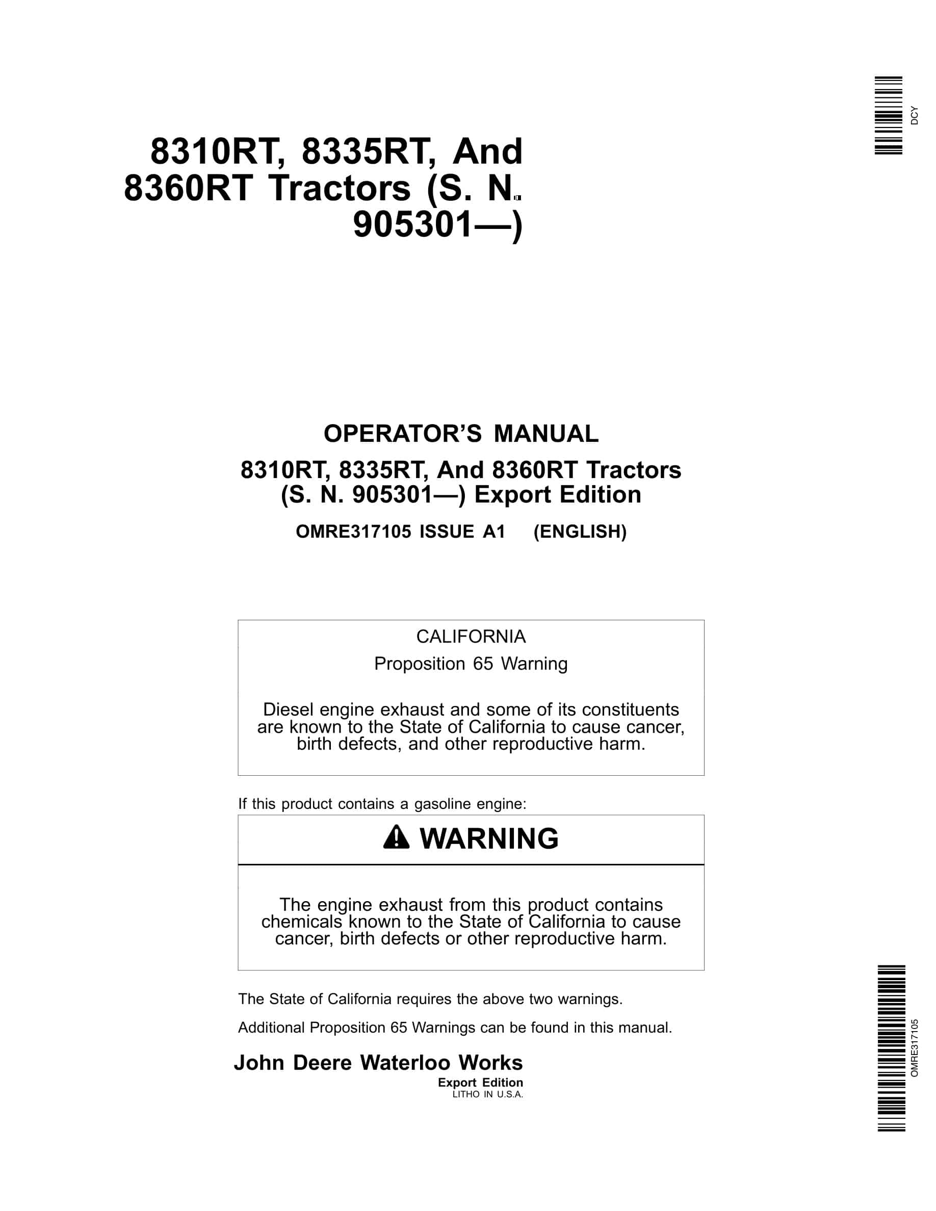 John Deere 8310rt, 8335rt, And 8360rt Tractors Operator Manuals OMRE317105-1