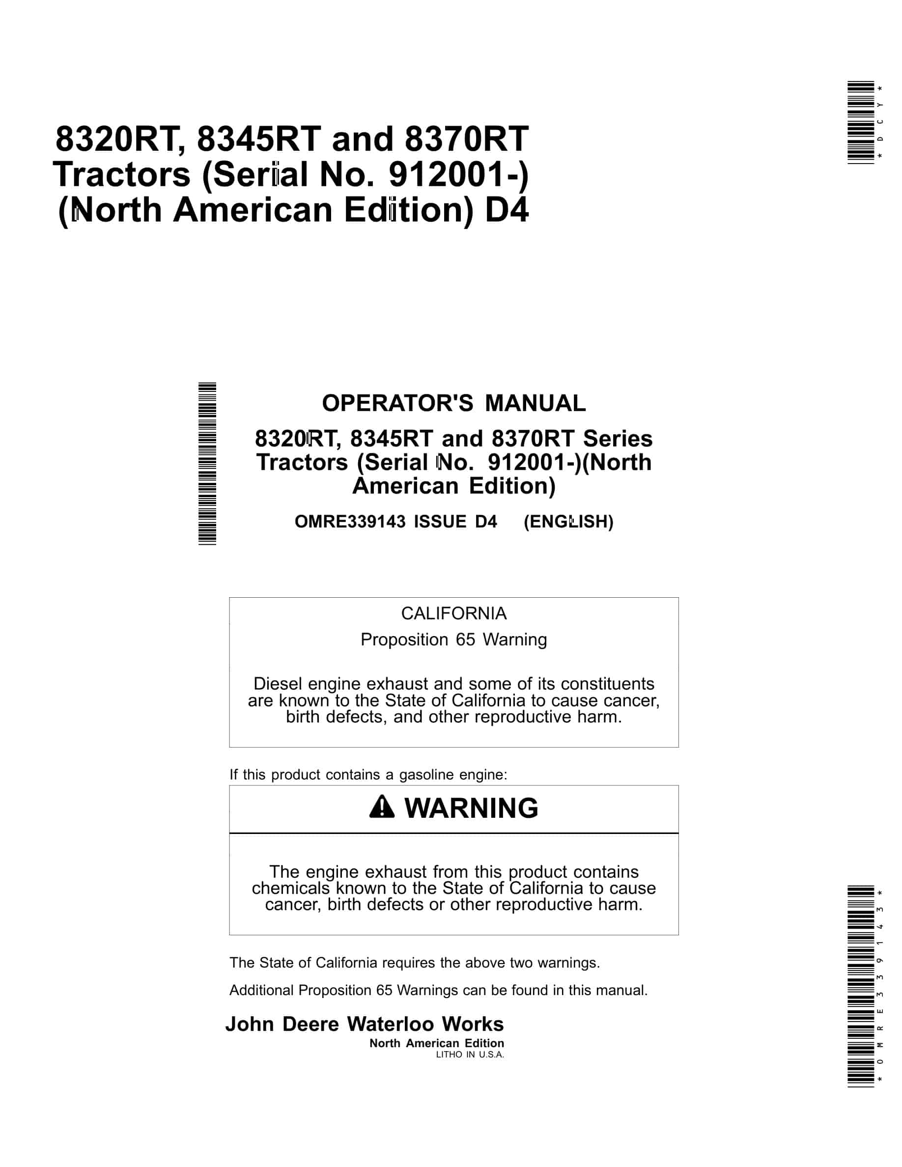 John Deere 8320RT, 8345RT and 8370RT Tractor Operator Manual OMRE339143-1