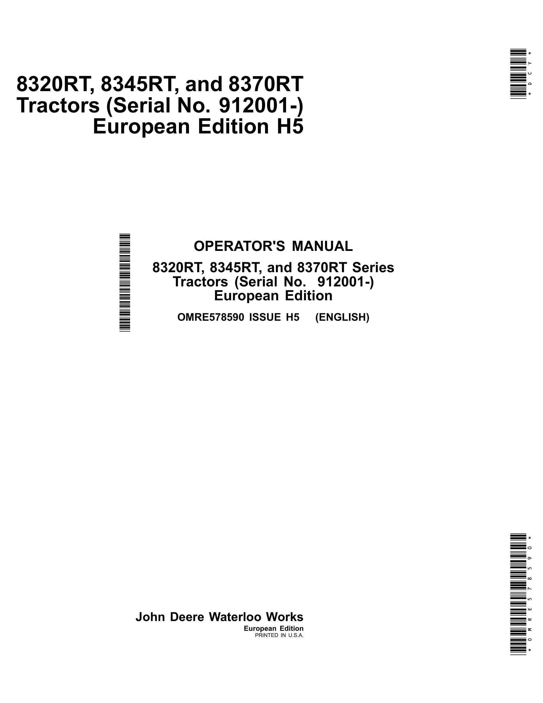 John Deere 8320rt, 8345rt, And 8370rt Series Tractors Operator Manuals OMRE578590-1