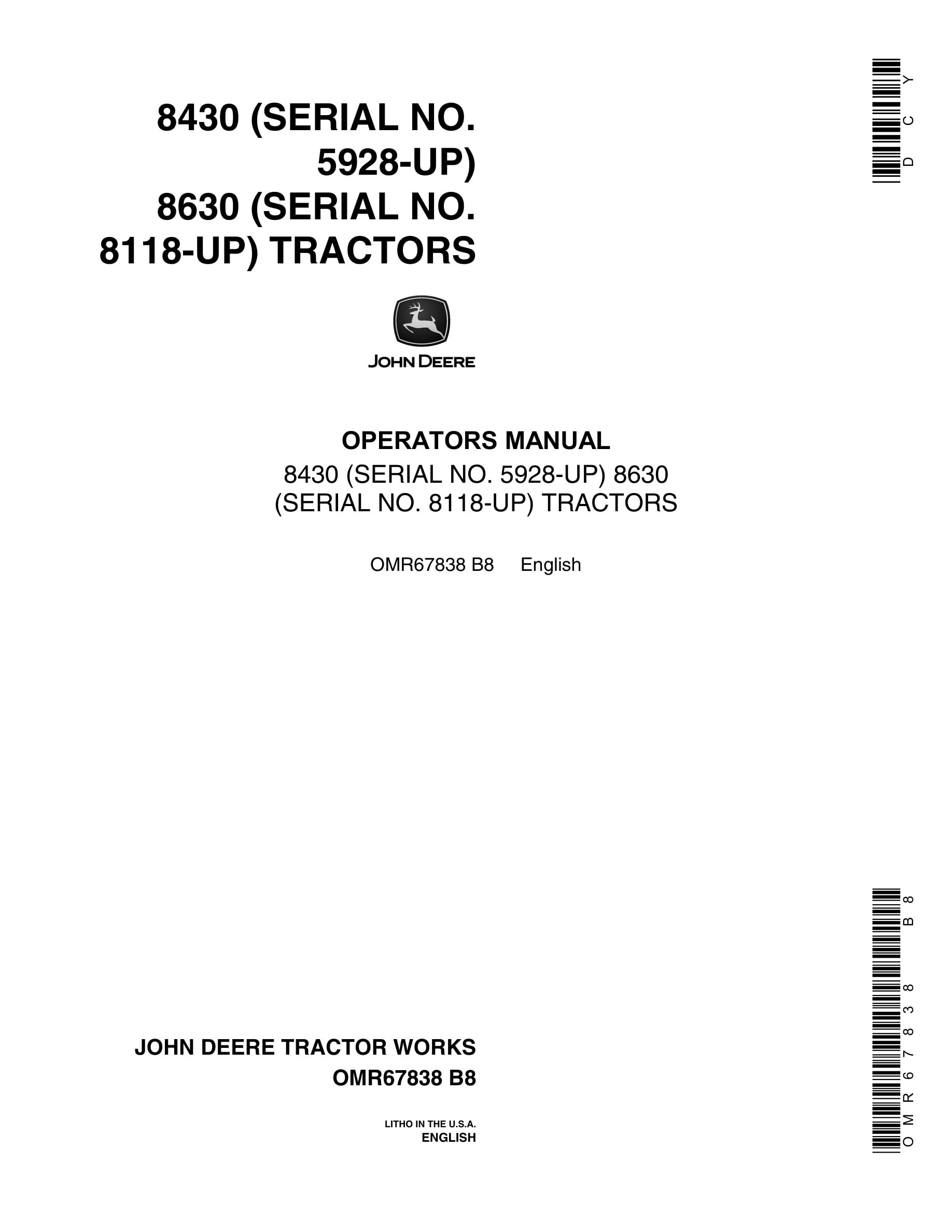 John Deere 8430 8630 Tractor Operator Manual OMR67838-1