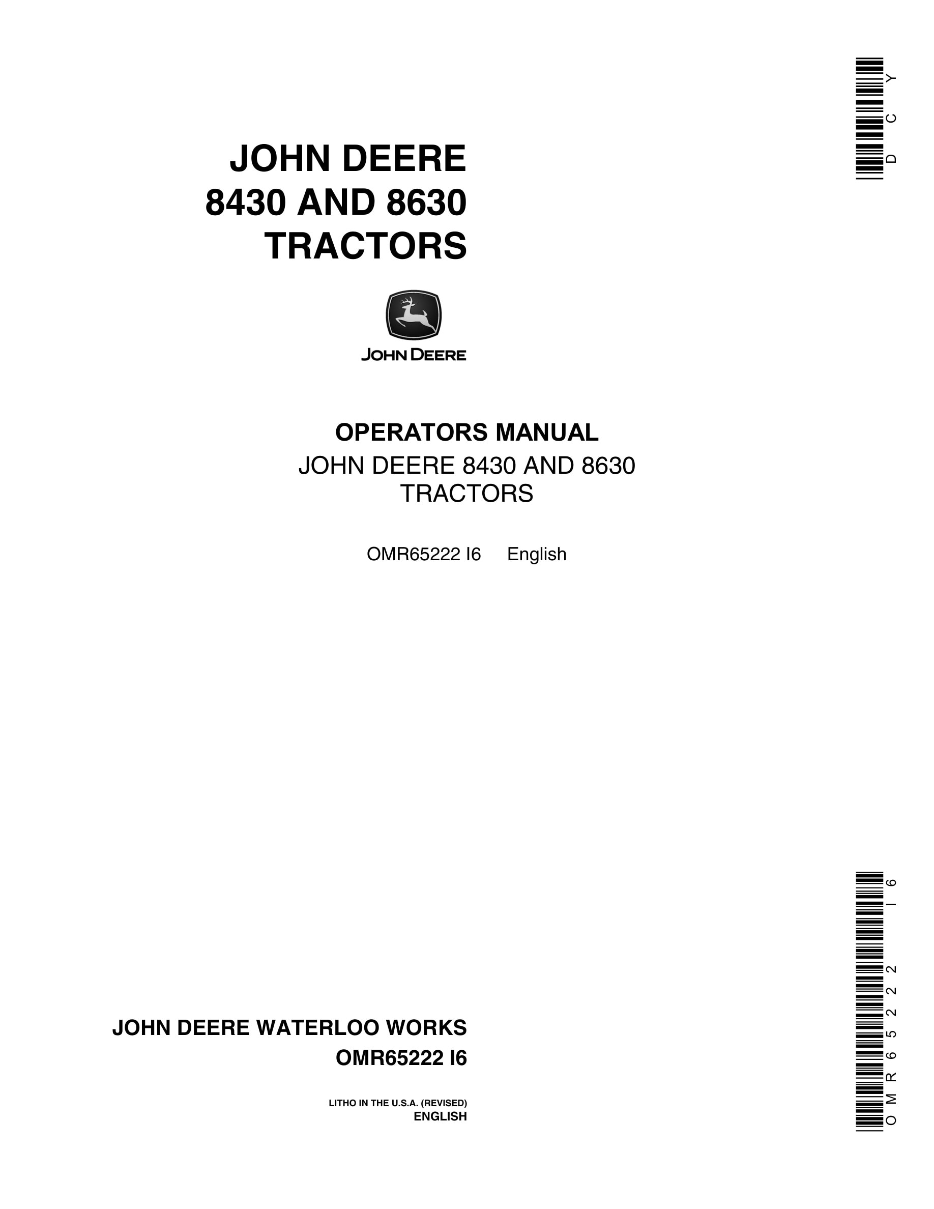 John Deere 8430 AND 8630 Tractor Operator Manual OMR65222-1