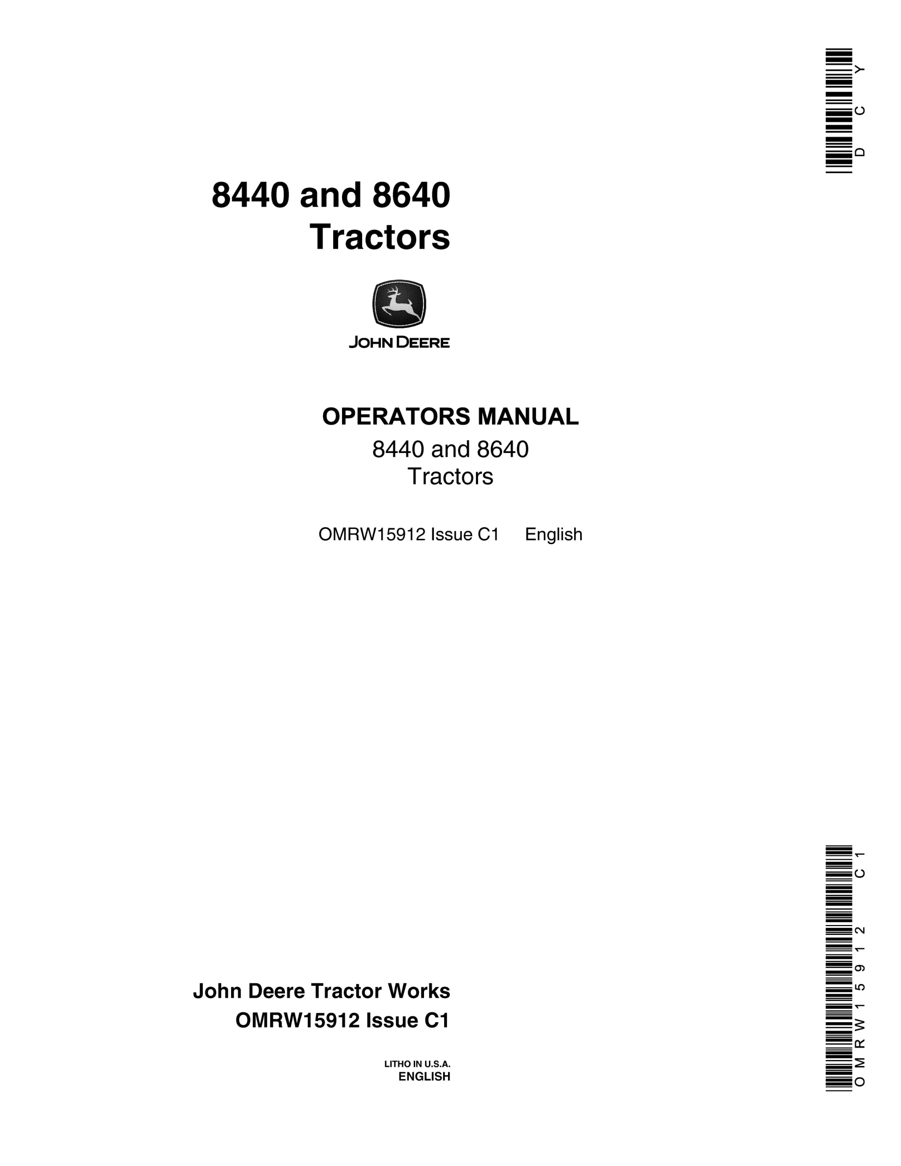John Deere 8440 8640 Tractor Operator Manual OMRW15912-1