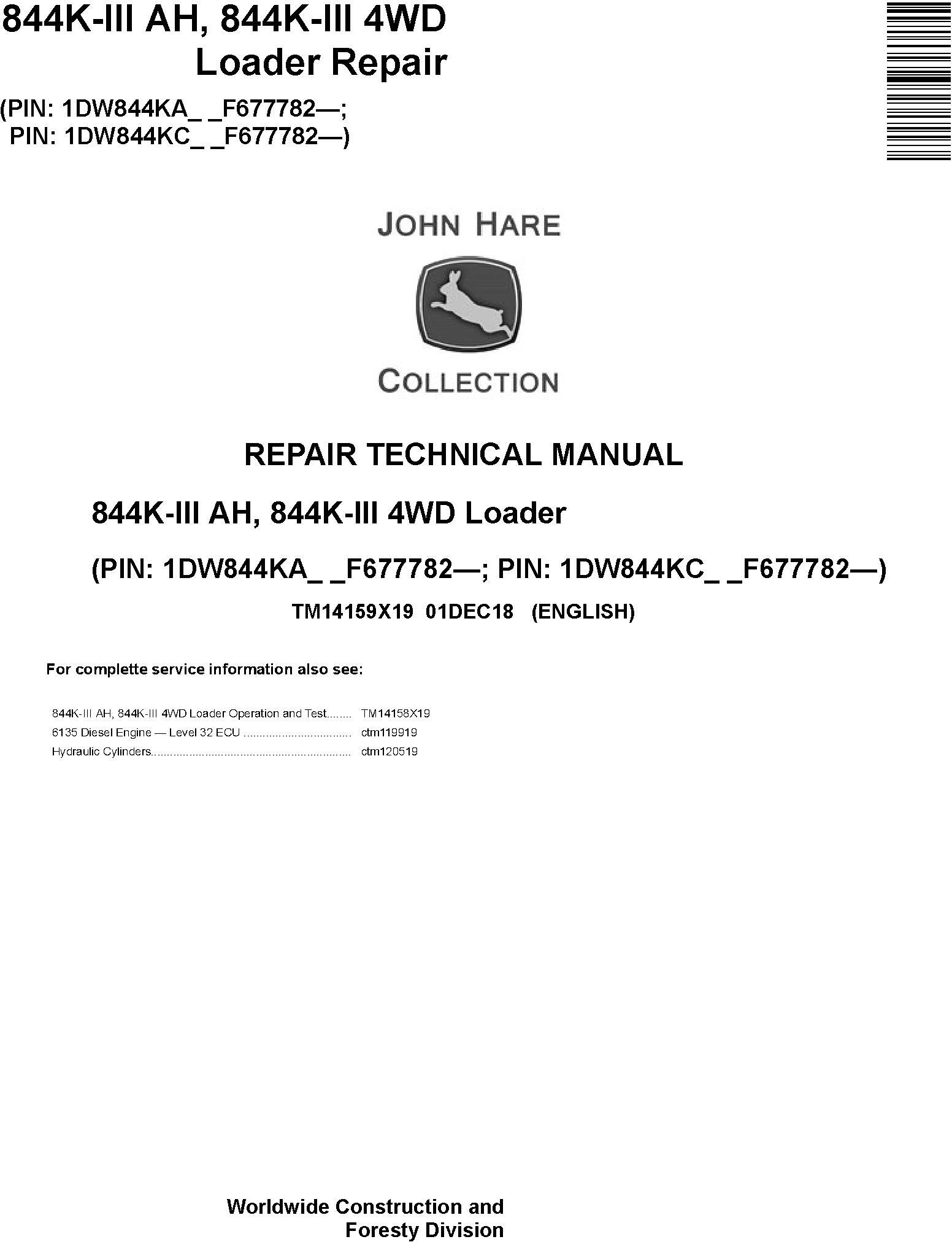 John Deere 844K-III AH 4WD Loader Repair Technical Manual TM14159X19