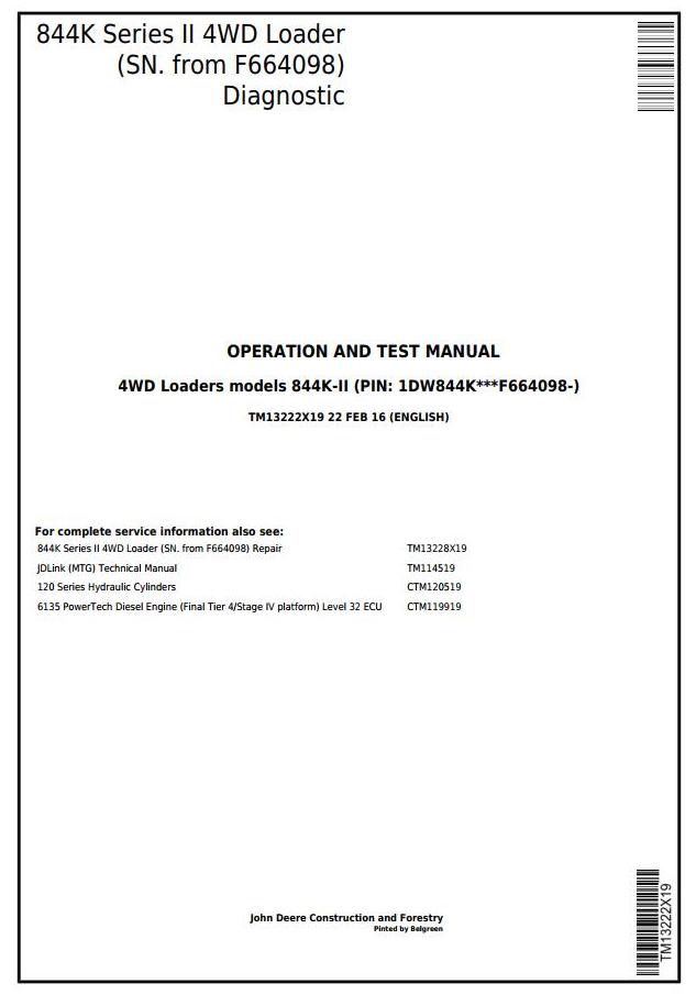 John Deere 844K Series II 4WD Loader Diagnostic Operation Test Manual TM13222X19