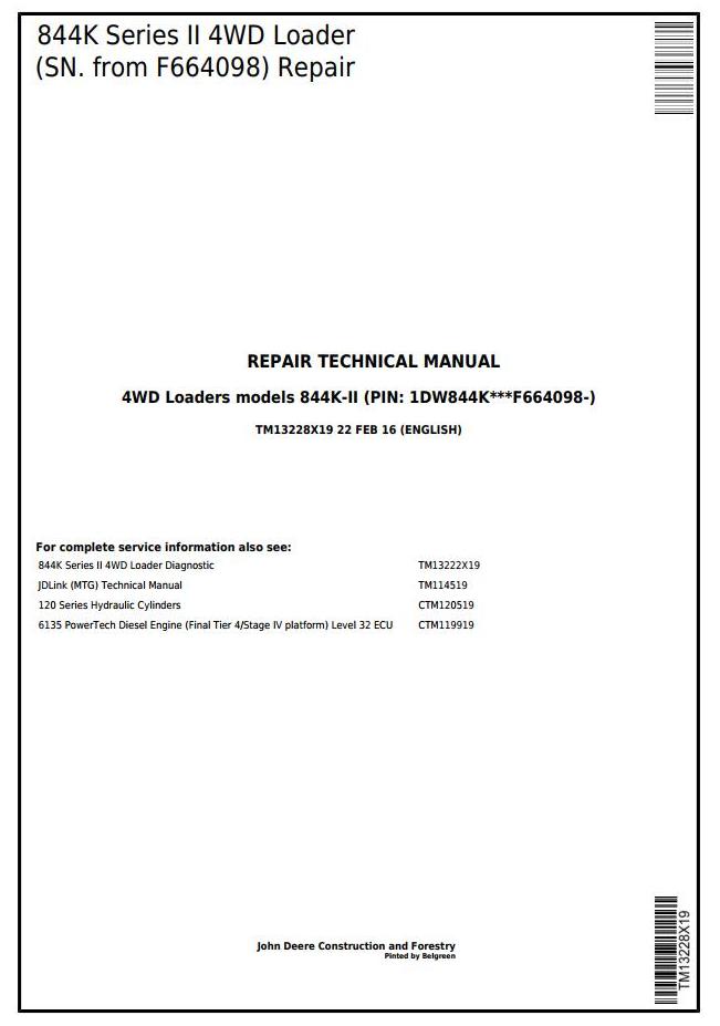 John Deere 844K Series II 4WD Loader Repair Technical Manual TM13228X19