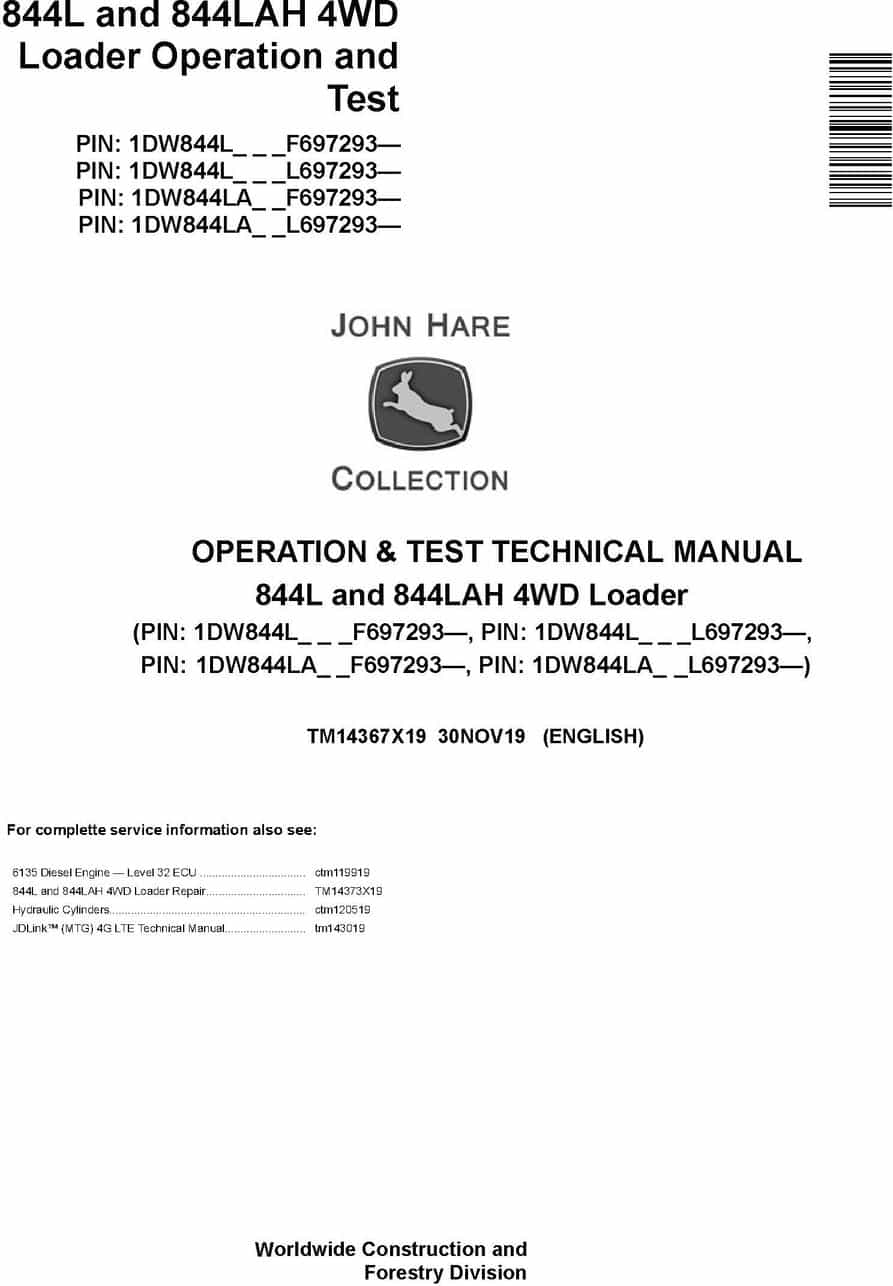 John Deere 844L 844LAH 4WD Loader Operation Test Technical Manual TM14367X19