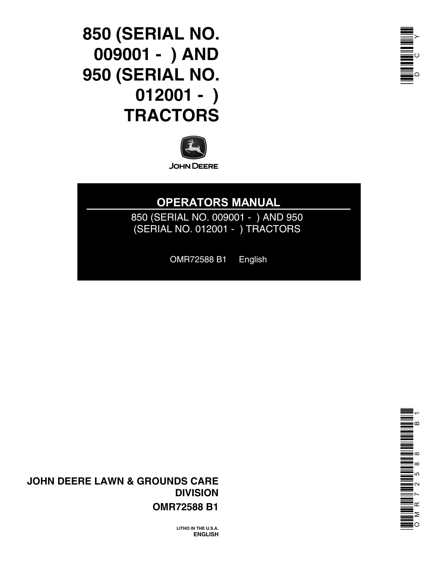 John Deere 850 950 Tractor Operator Manual OMR72588-1