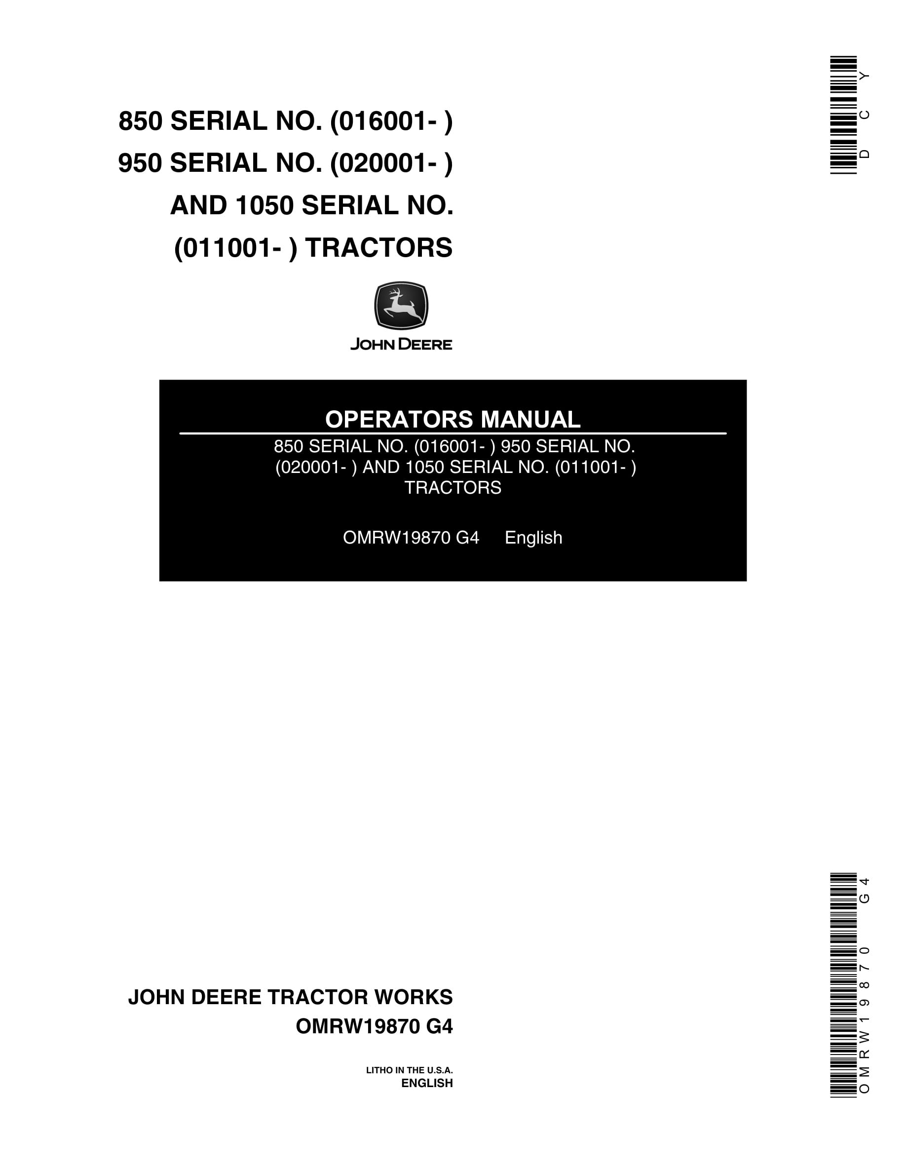 John Deere 850 Tractor Operator Manual OMRW19870-1