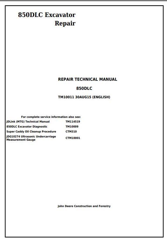 John Deere 850DLC Excavator Repair Technical Manual TM10011