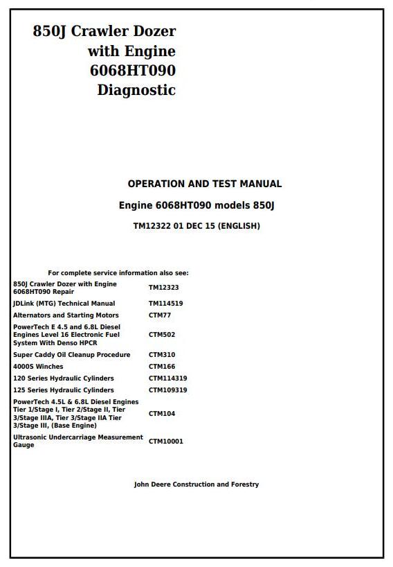 John Deere 850J Crawler Dozer Diagnostic Operation Test Manual TM12322