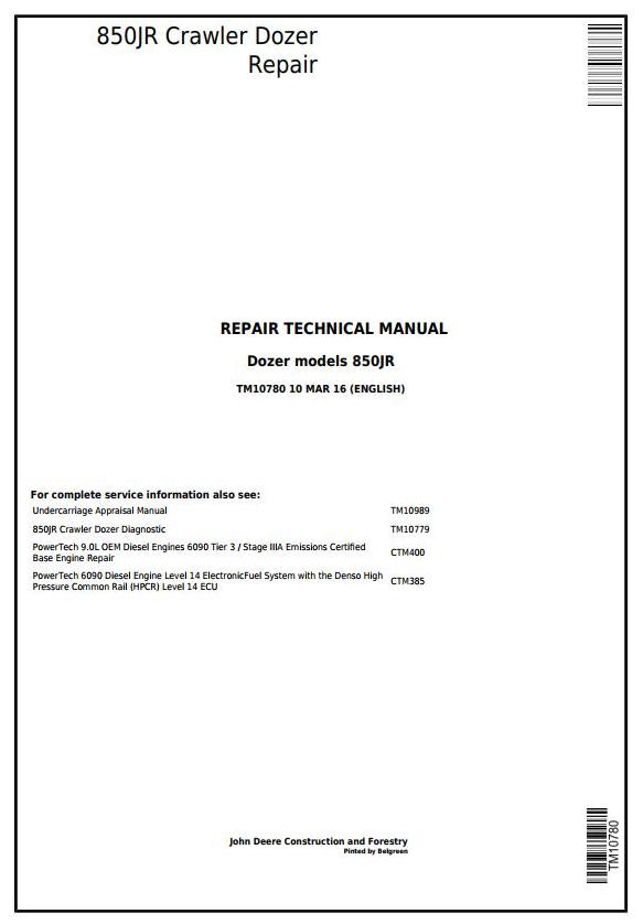 John Deere 850JR Crawler Dozer Repair Technical Manual TM10780