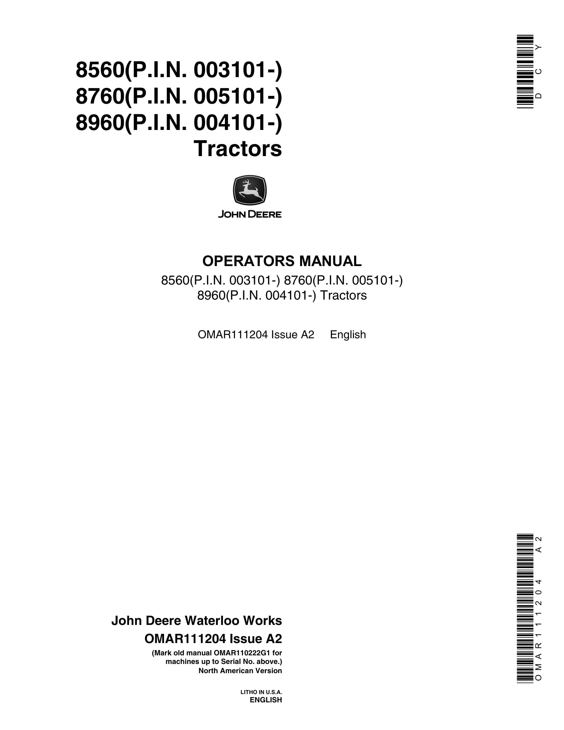 John Deere 8560 8760 8960 Tractor Operator Manual OMAR111204-1